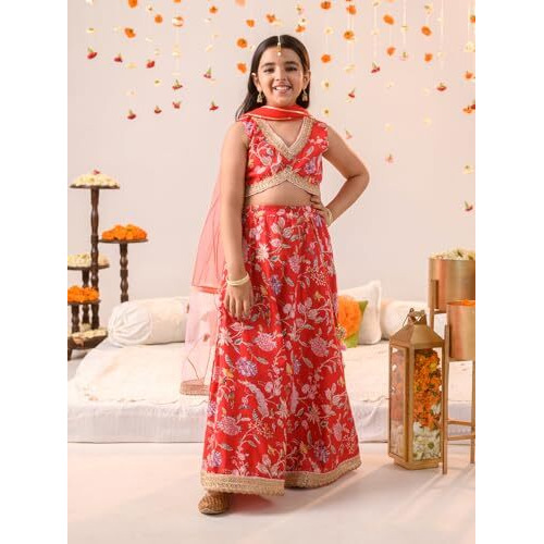 Pspeaches Girl's Cotton Lehenga Choli (L-Redpinkflower_Red_12-13Y)