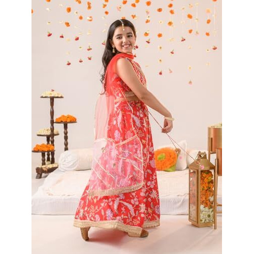 Pspeaches Girl's Cotton Lehenga Choli (L-Redpinkflower_Red_12-13Y)