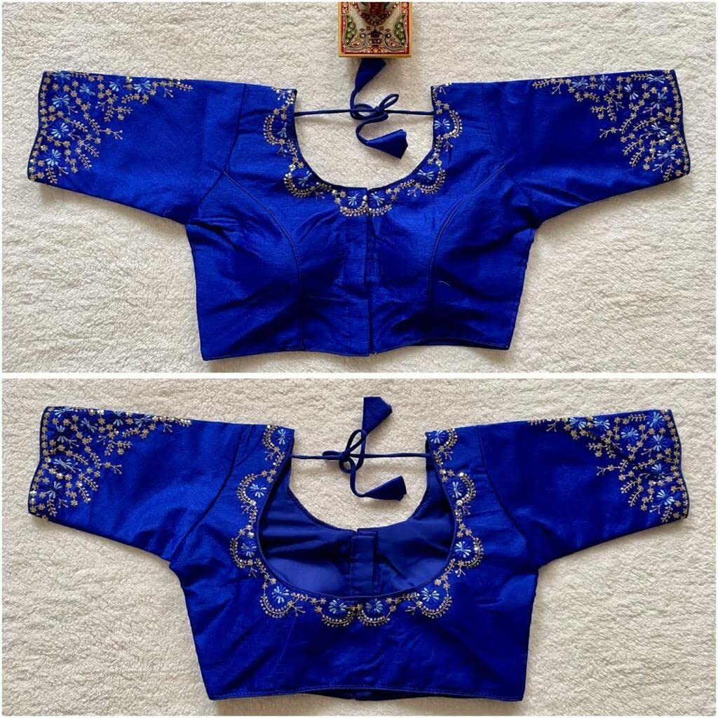 Pujia Mills Women's Silk Embroidery Sequence Work Half Sleeve Readymade Blouse (Royal Blue, 32)