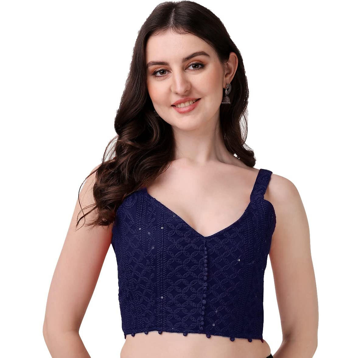Pujia Mills Women's Embroidery Sleeveless Blouse (Lakhnavi 4_Navy Blue_38)