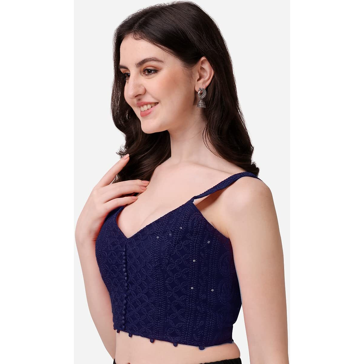 Pujia Mills Women's Embroidery Sleeveless Blouse (Lakhnavi 4_Navy Blue_38)