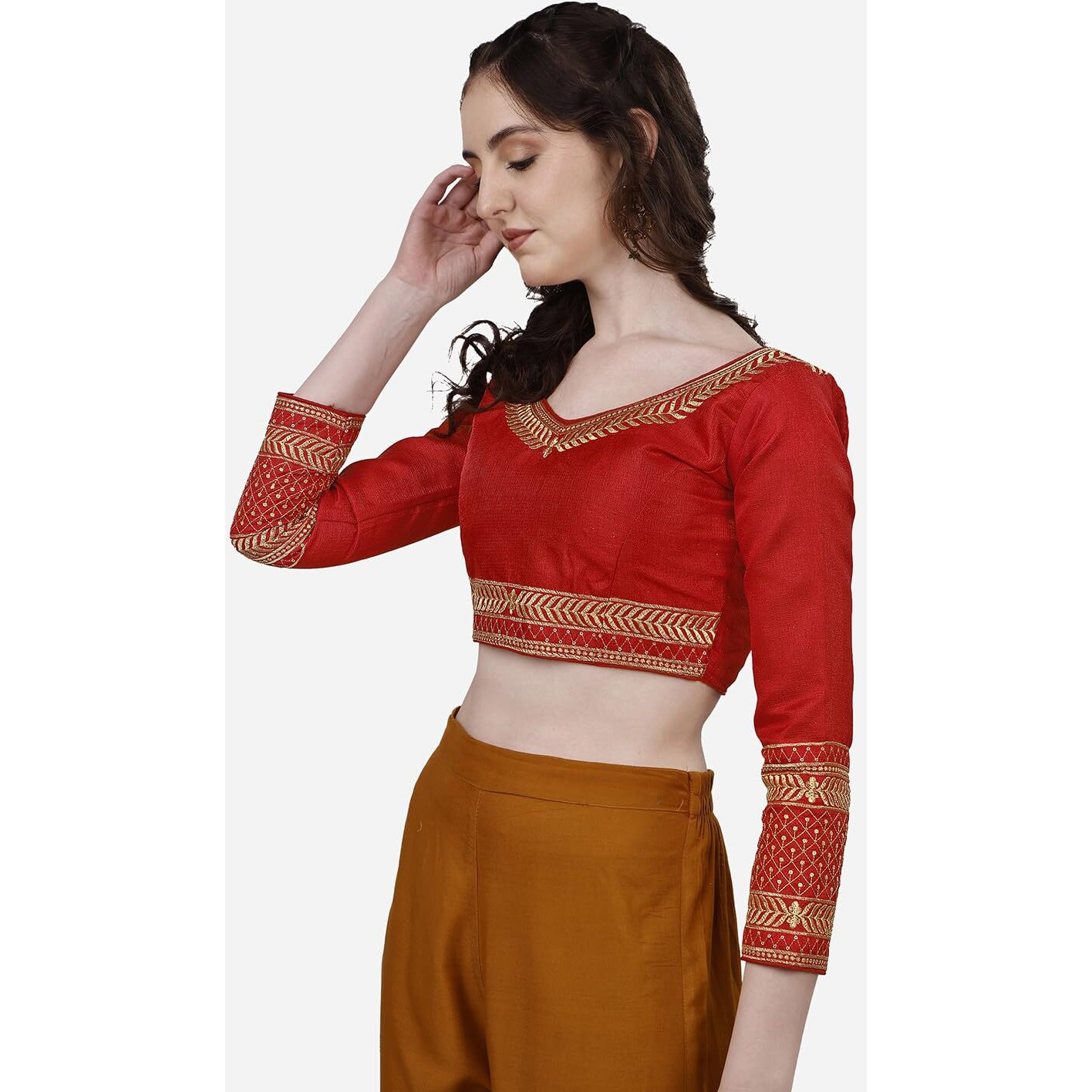Pujia Mills Women's Milan Silk Heavy Embroidery With Sequins Worked Full Sleeve Fancy Saree Blouse Red(Charlie Red)