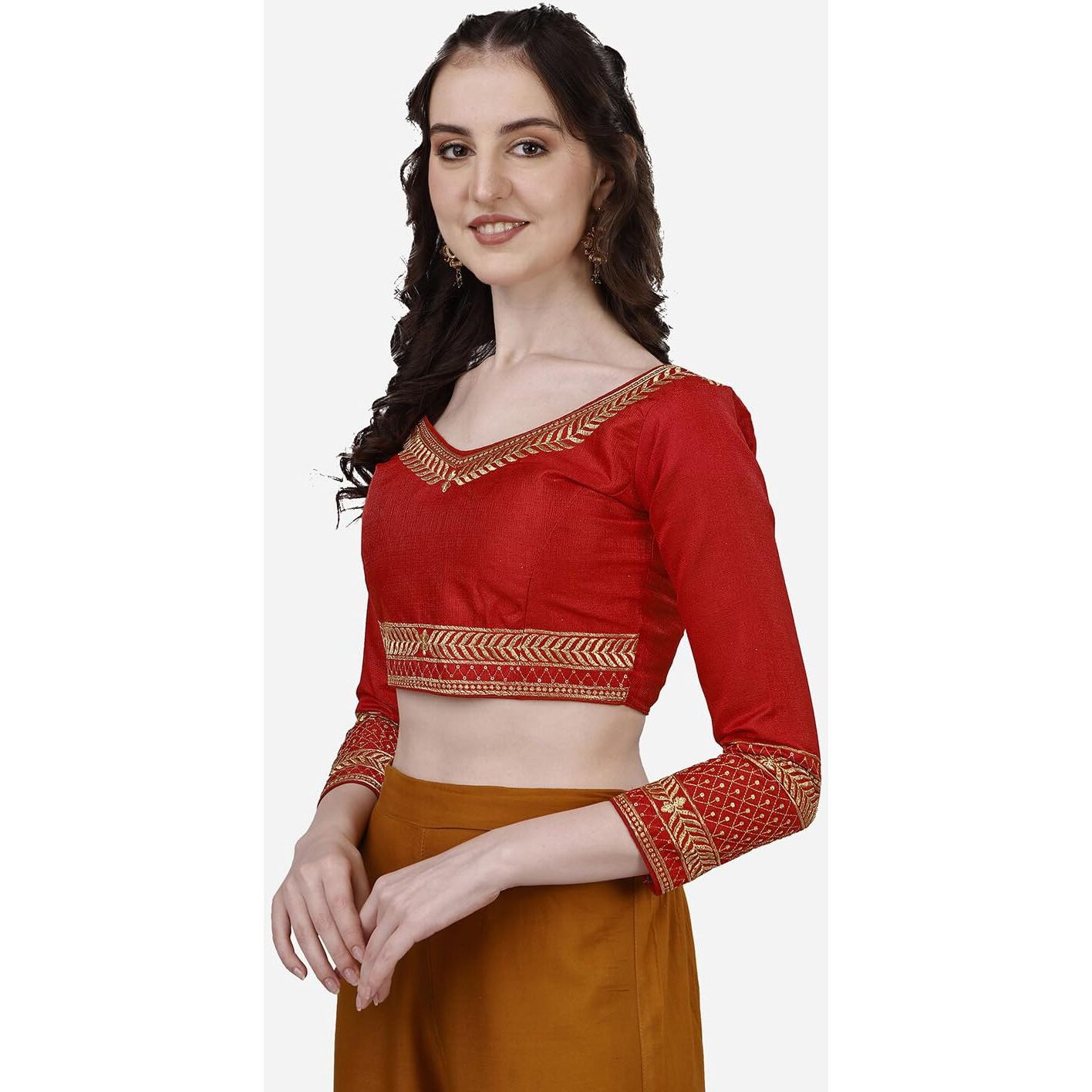 Pujia Mills Women's Milan Silk Heavy Embroidery With Sequins Worked Full Sleeve Fancy Saree Blouse Red(Charlie Red)