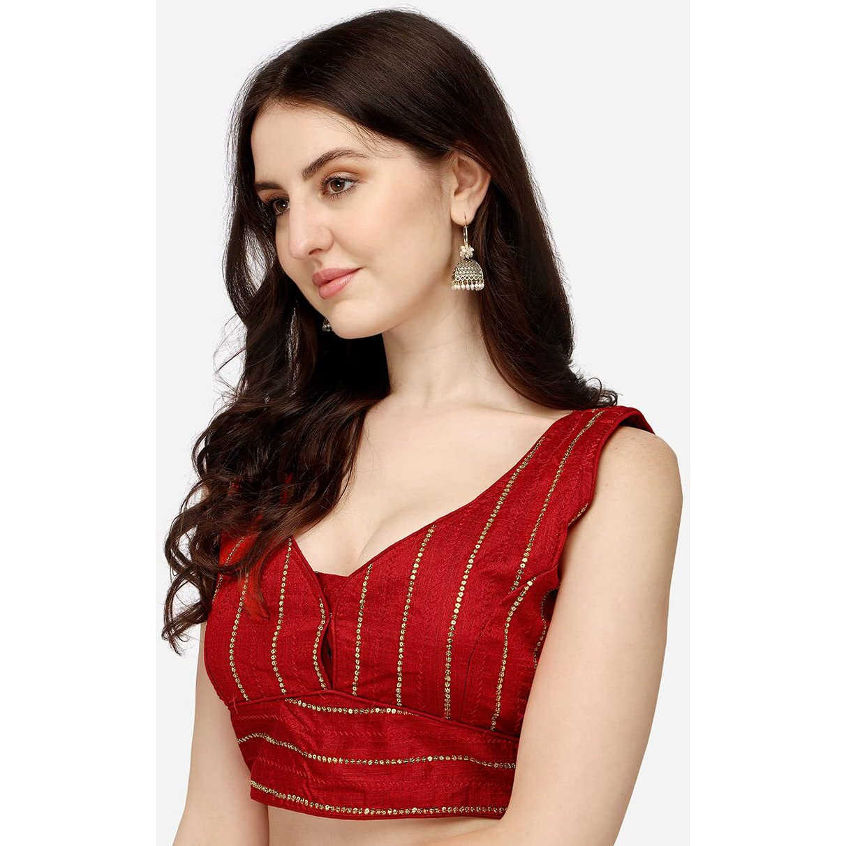 Pujia Mills Women's Silk Sequin Sleeveless Blouse (Batik Sequin Blouse_Red_38)
