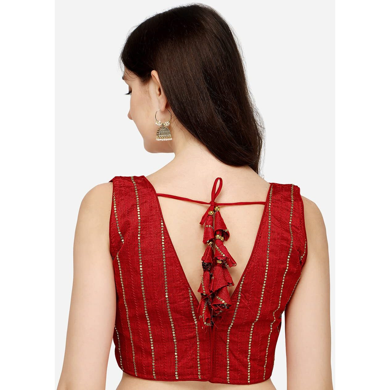 Pujia Mills Women's Silk Sequin Sleeveless Blouse (Batik Sequin Blouse_Red_38)