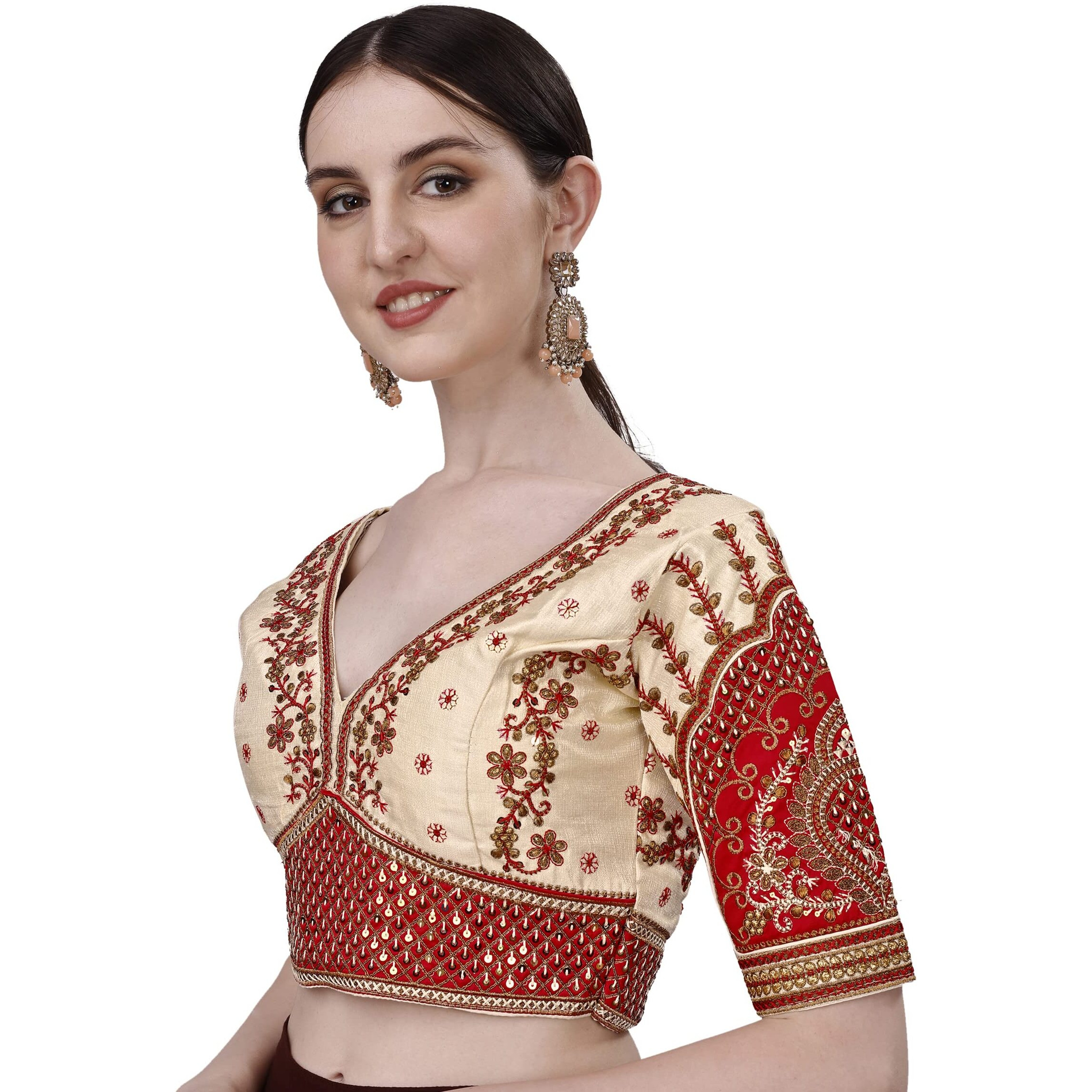 Pujia Mills Women's Heavy Embroidery Coding With Sequins Work Half Sleeves Fancy Readymade Saree Blouse(Rajwadi Cream_42)