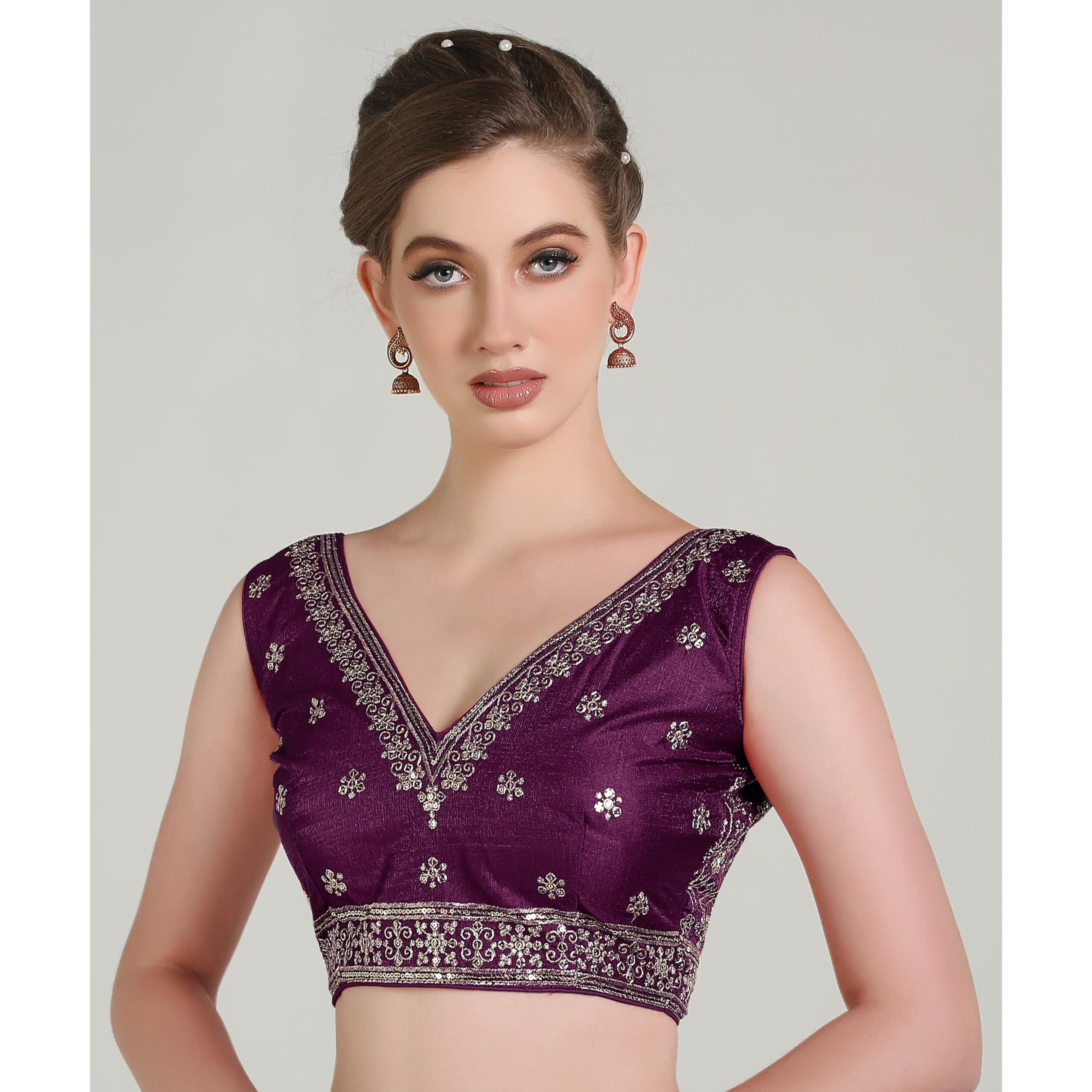 Pujia Mills Women's Indian Ethnic Wear Designer Golden Zari With Embroidery Sequence Work V Neck Sleeveless Readymadeback Side Worked Saree Blouse Readymade Wine Blouse Lehenga Choli