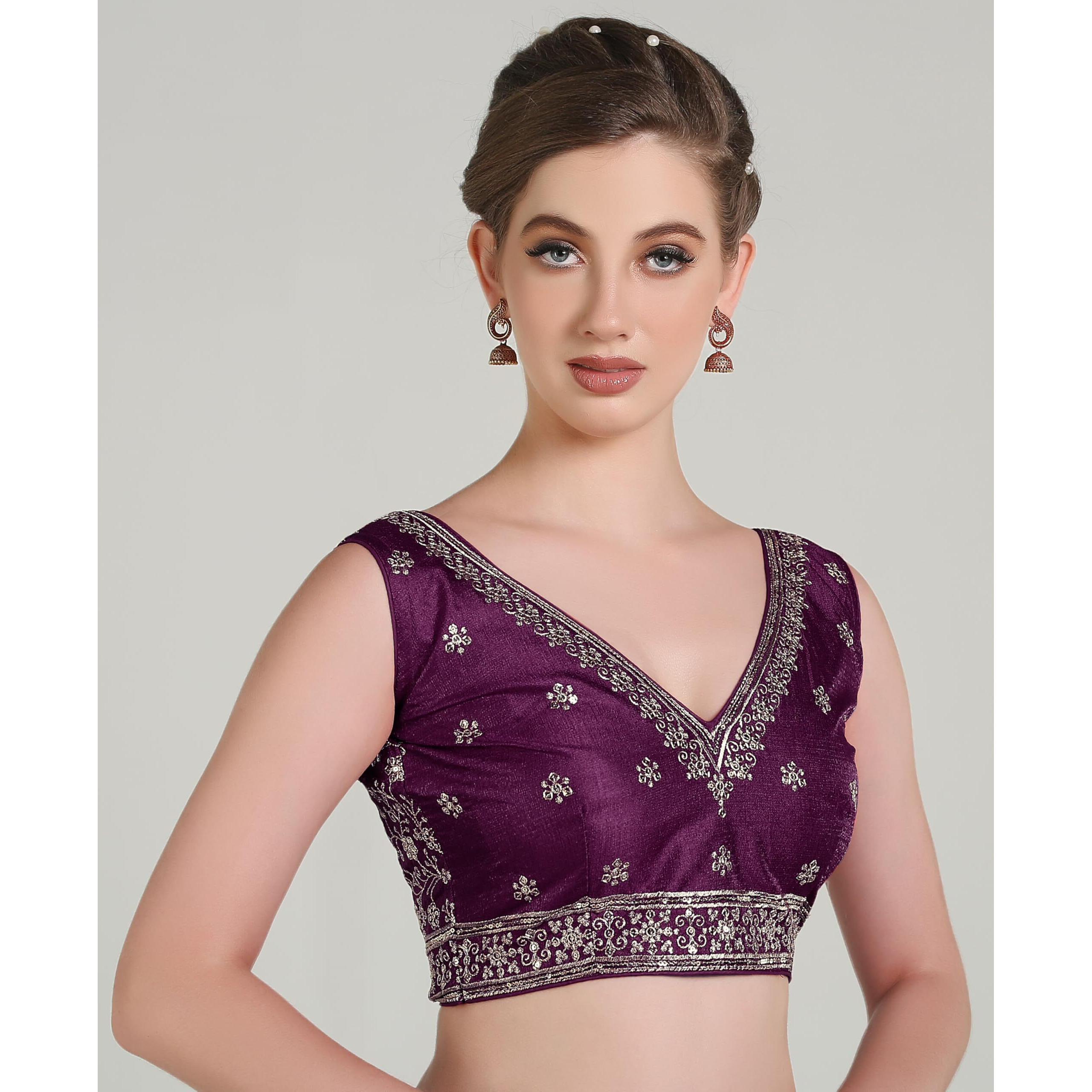 Pujia Mills Women's Indian Ethnic Wear Designer Golden Zari With Embroidery Sequence Work V Neck Sleeveless Readymadeback Side Worked Saree Blouse Readymade Wine Blouse Lehenga Choli
