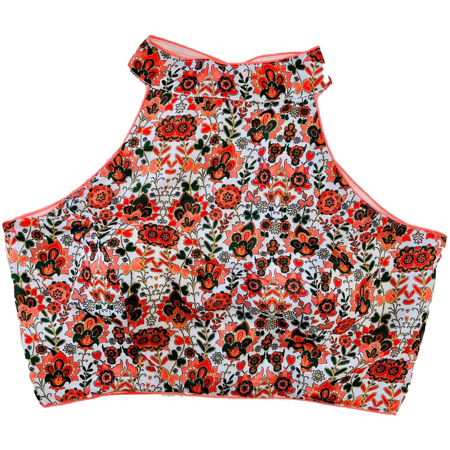 Pujia Mills Womens Readymade Halter Neck Sleeveless Printed Saree Blouse.(Halter Neck Print Peach_38)