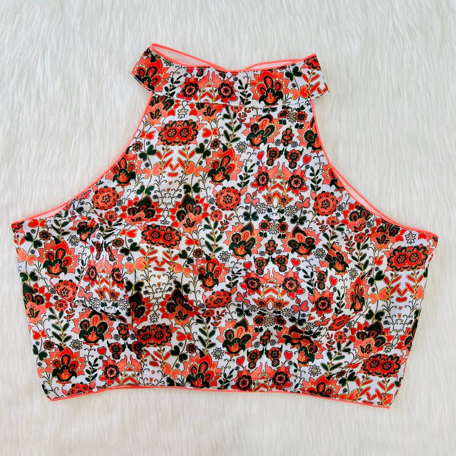 Pujia Mills Womens Readymade Halter Neck Sleeveless Printed Saree Blouse.(Halter Neck Print Peach_38)