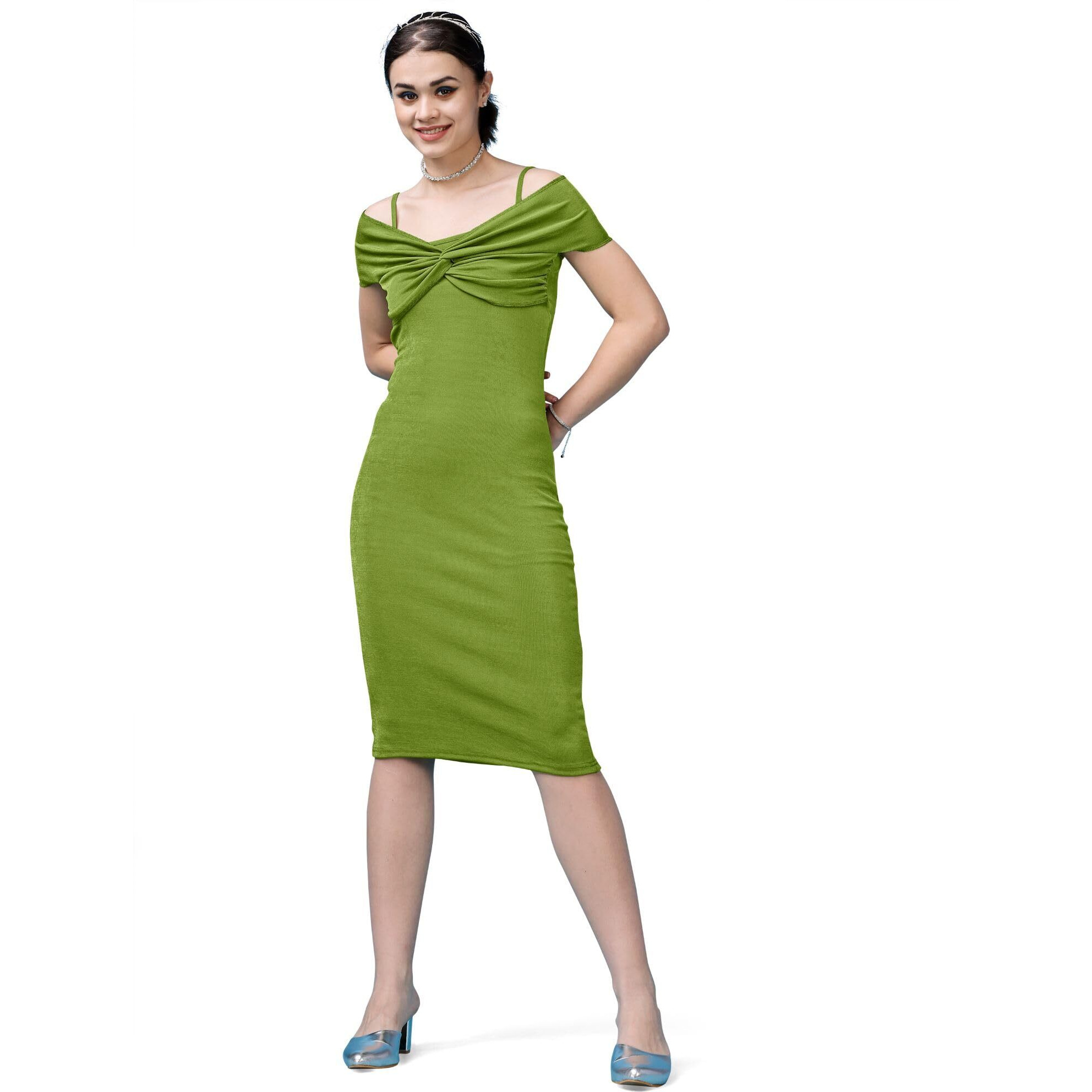 Purvaja Womens Bodycon Below Knee Length Dress (Shine-041-Olive_Green_Large)
