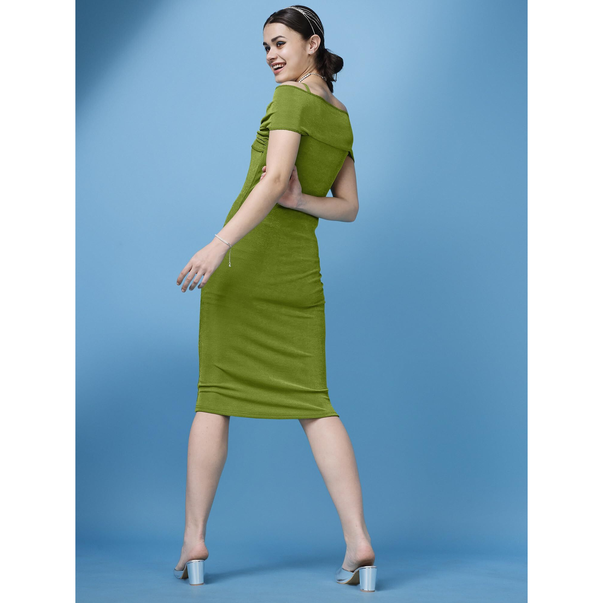 Purvaja Womens Bodycon Below Knee Length Dress (Shine-041-Olive_Green_Large)