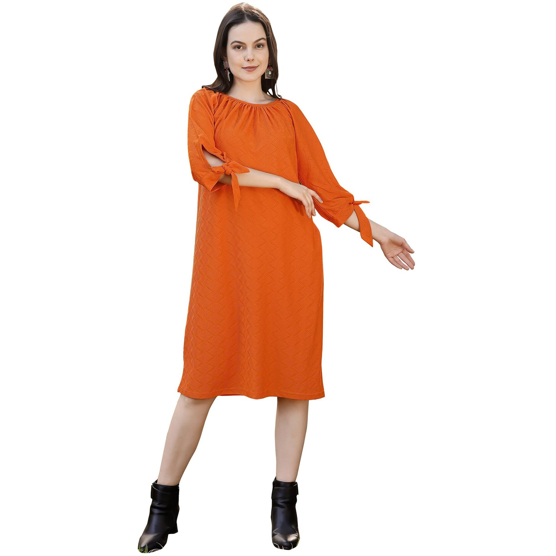 Purvaja Womens A-Line Below Knee Length Dress (Nisi-011-Orange_Orange_Large)