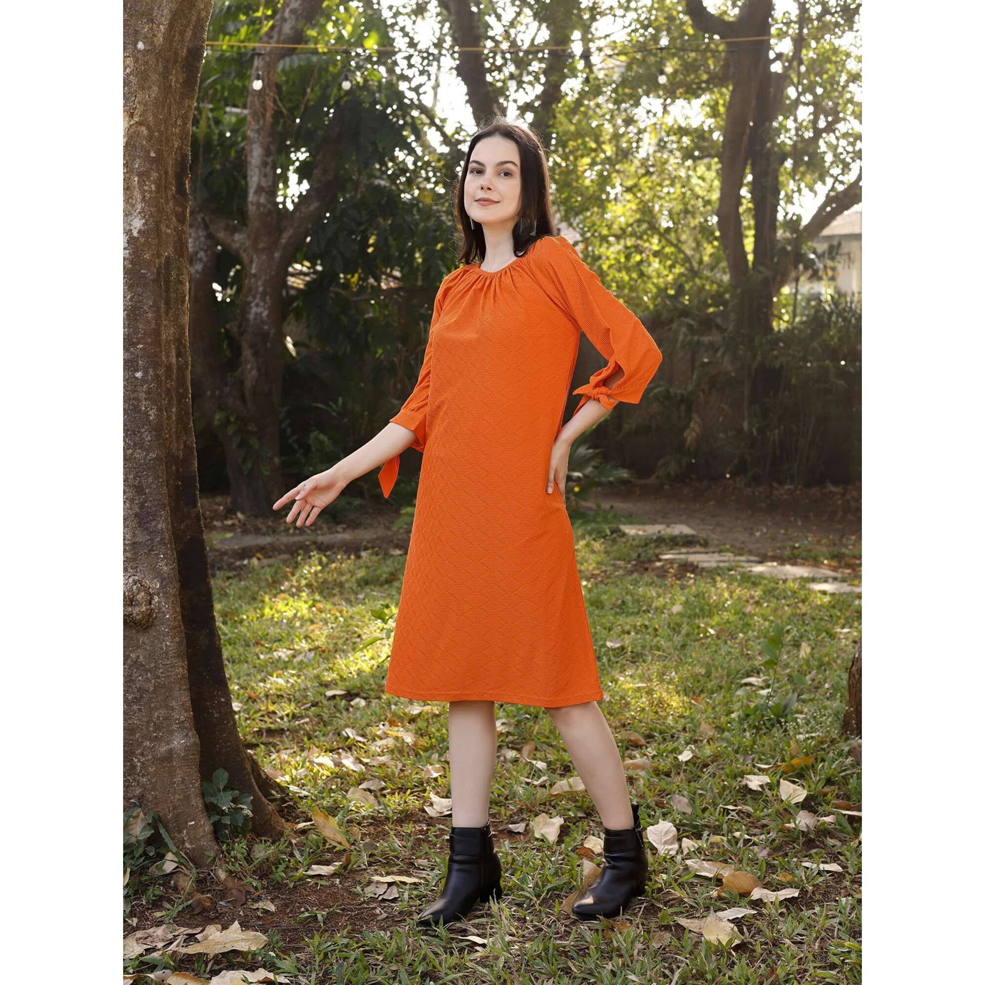 Purvaja Womens A-Line Below Knee Length Dress (Nisi-011-Orange_Orange_Large)