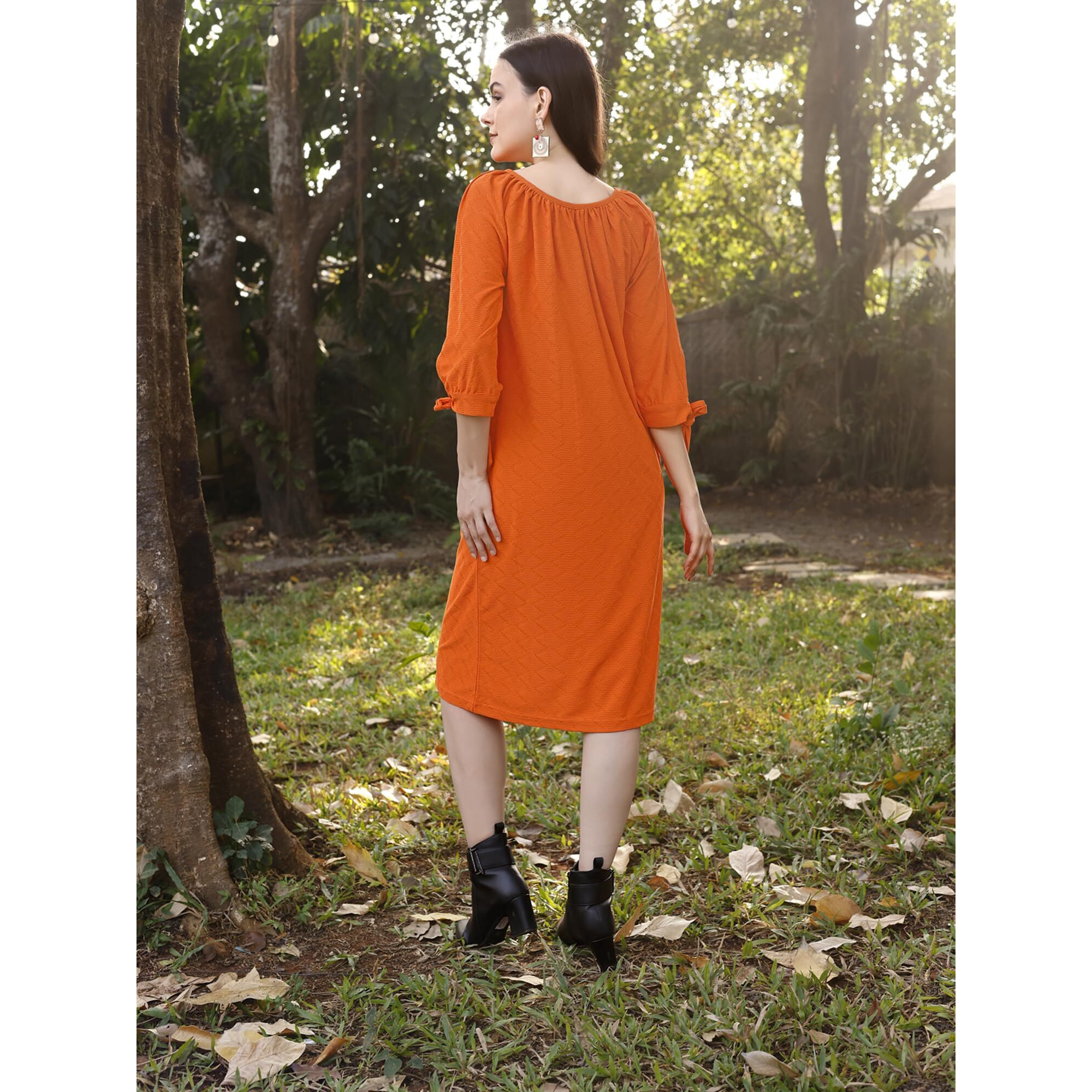 Purvaja Womens A-Line Below Knee Length Dress (Nisi-011-Orange_Orange_Large)