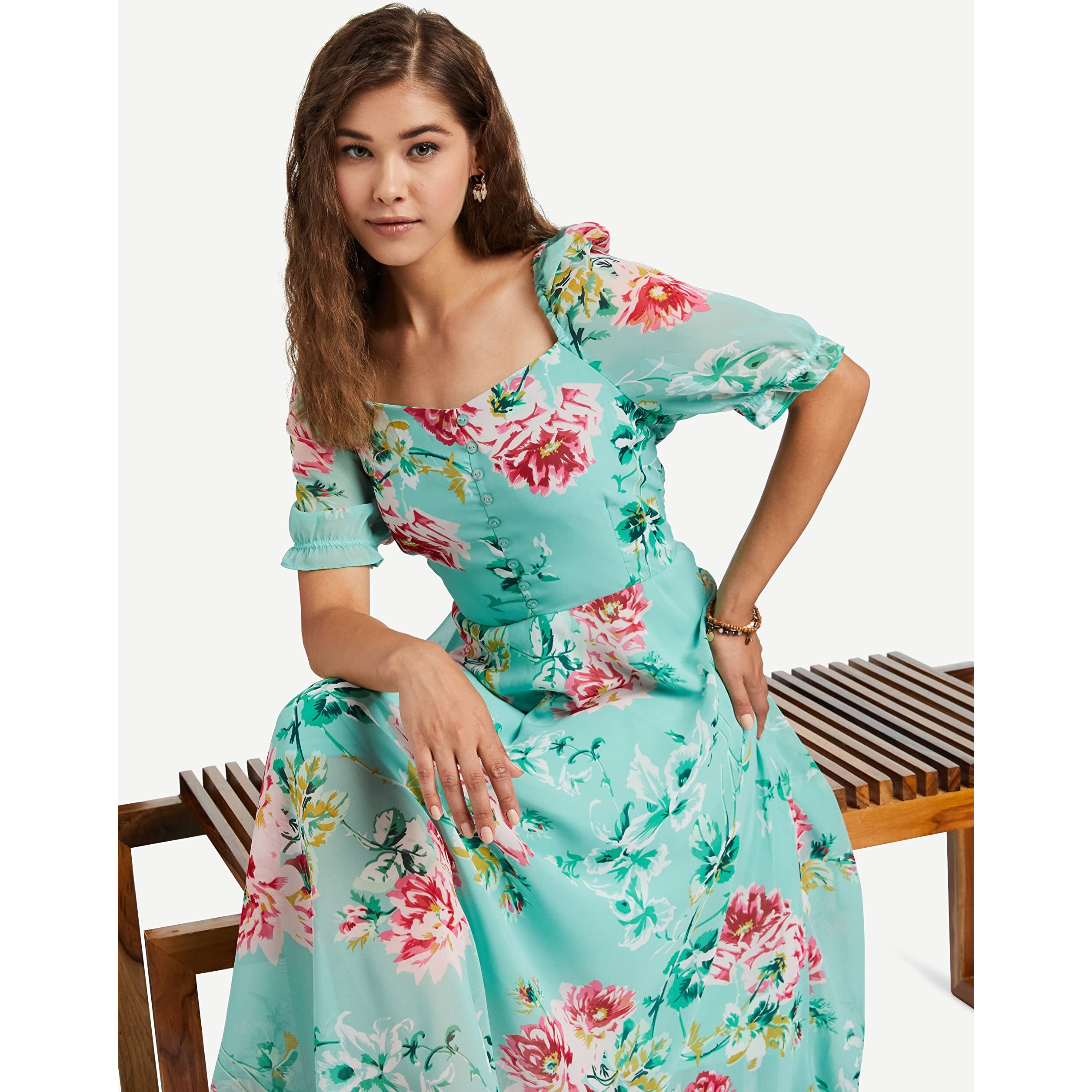 Rare Women's Georgette Fit And Flare Maxi Casual Dress (Ep6218_Green_X-Small)