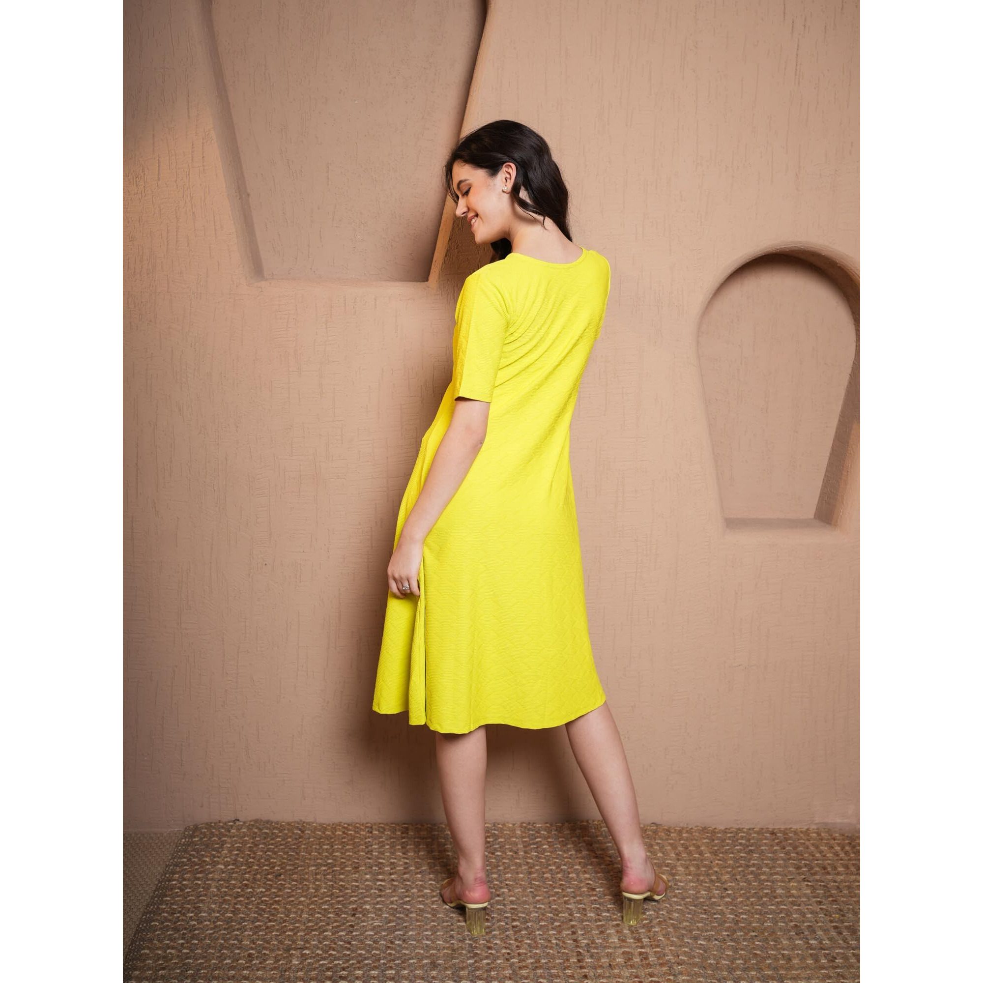 Purvaja Womens A-Line Midi Length Dress (Nisi-042-Lemon_Lemon_X-Large)