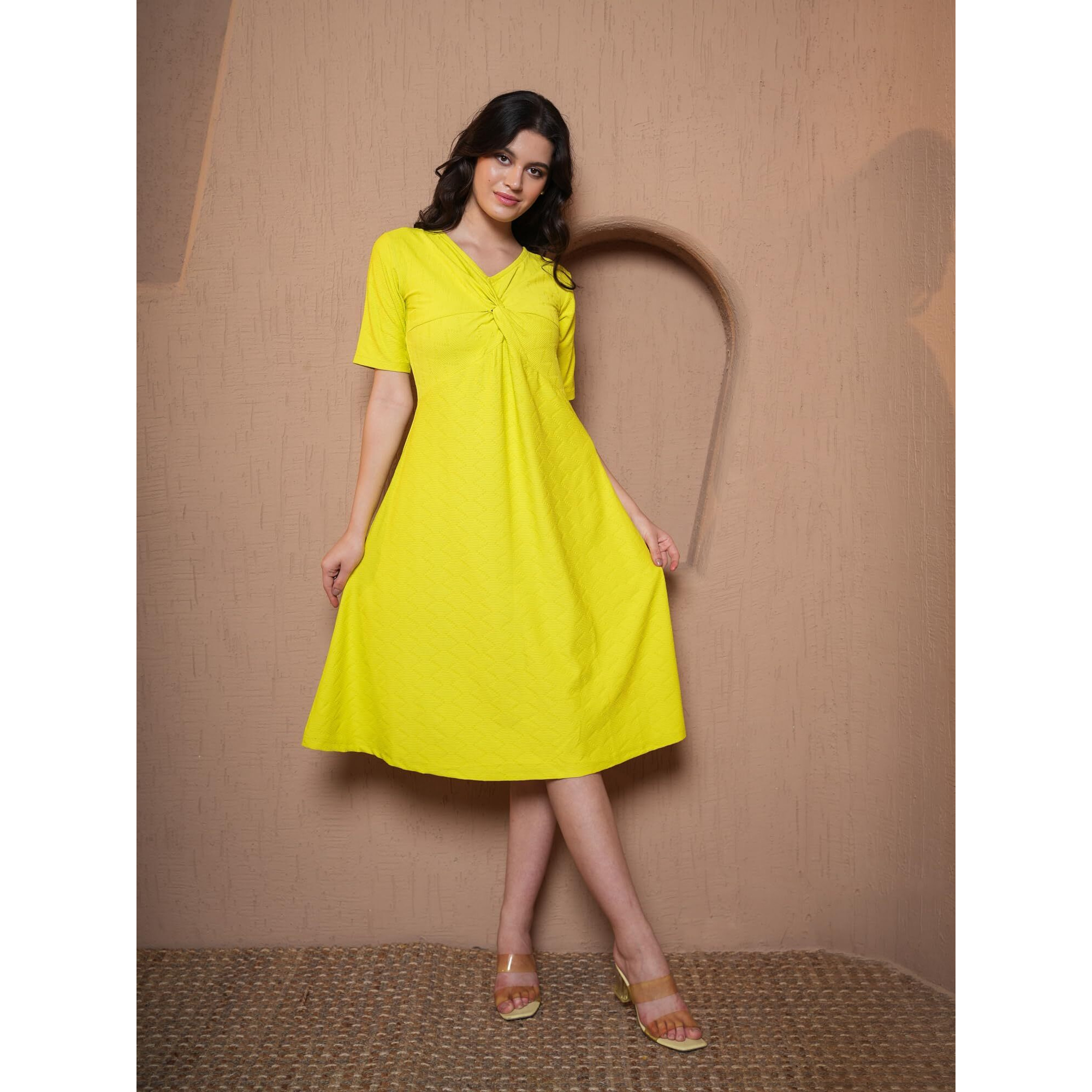 Purvaja Womens A-Line Midi Length Dress (Nisi-042-Lemon_Lemon_X-Large)