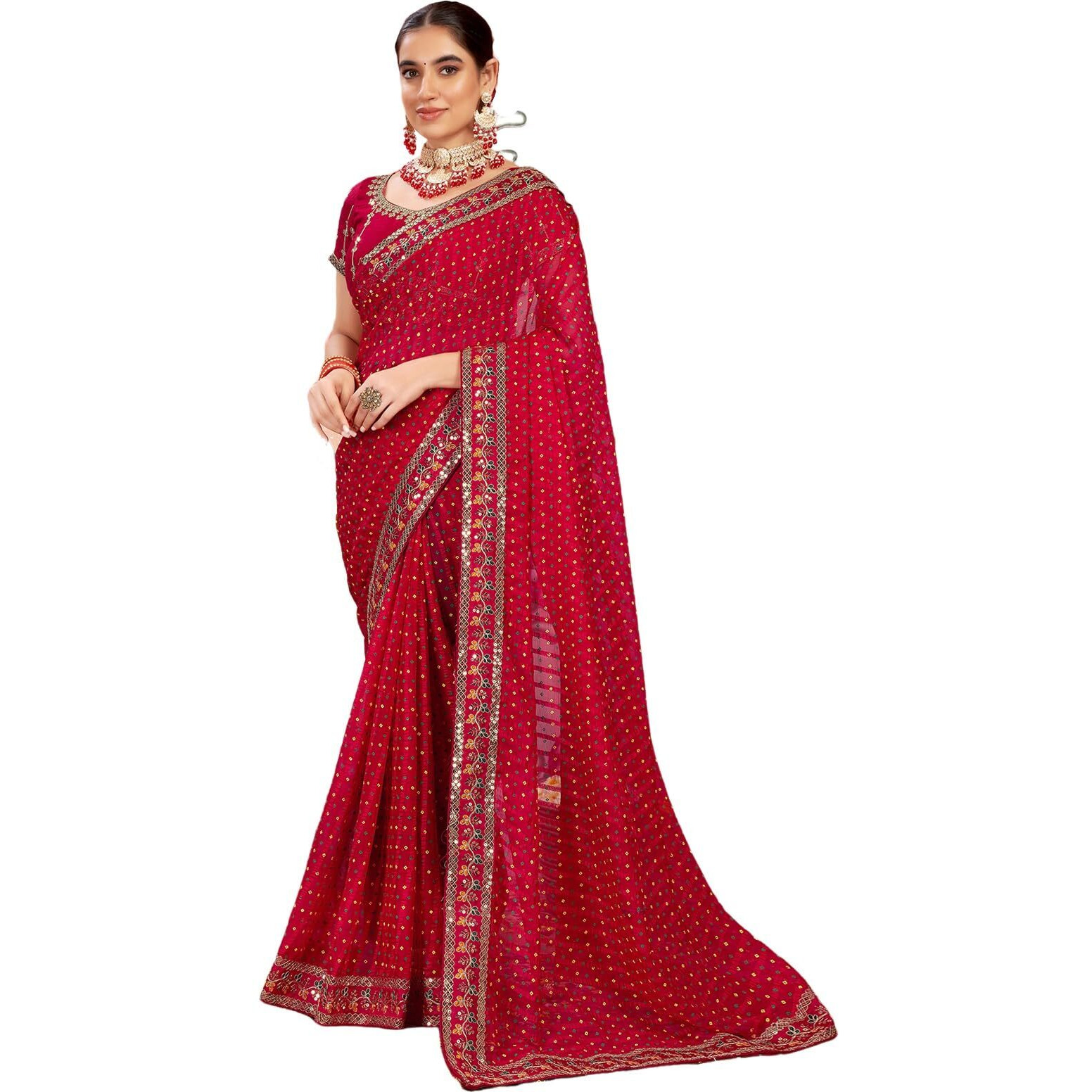 Satrani Women's Chiffon Sequin Embroidery Lace & Bandhani Printed Saree With Unstitched Blouse Piece (4114S651N_Red)