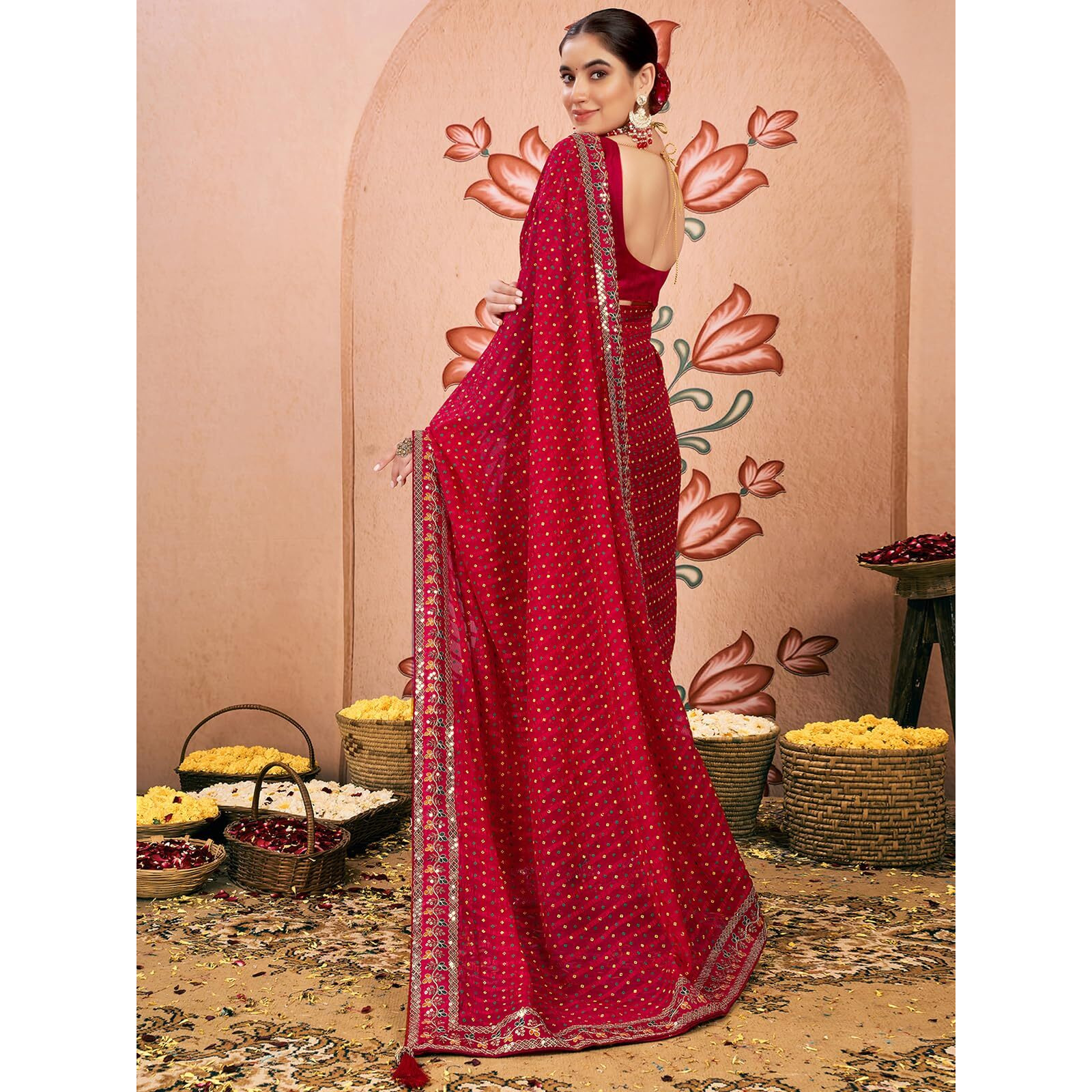 Satrani Women's Chiffon Sequin Embroidery Lace & Bandhani Printed Saree With Unstitched Blouse Piece (4114S651N_Red)