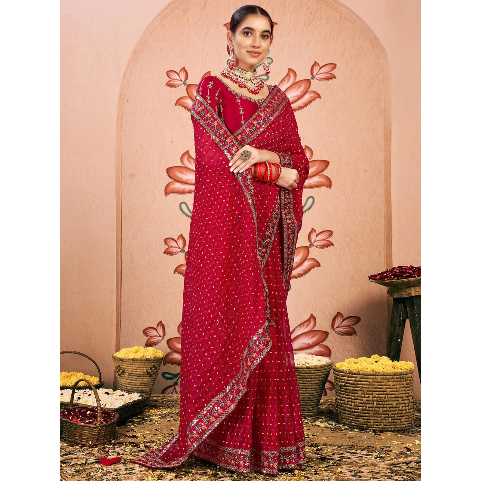 Satrani Women's Chiffon Sequin Embroidery Lace & Bandhani Printed Saree With Unstitched Blouse Piece (4114S651N_Red)