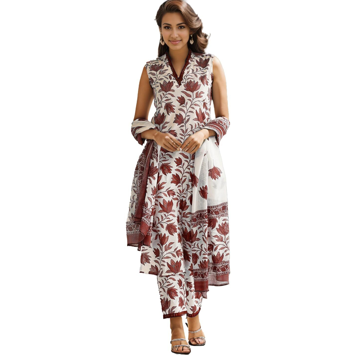 Shienzy Women's Printed Cotton Blend Sleeveless V-Neck Kurta Pant Dupatta Set || Stylish Indo-Western Kurti For Wedding, Festive, Office Or Formal & Casual Summer Wear (Shz1432_Brown_M)