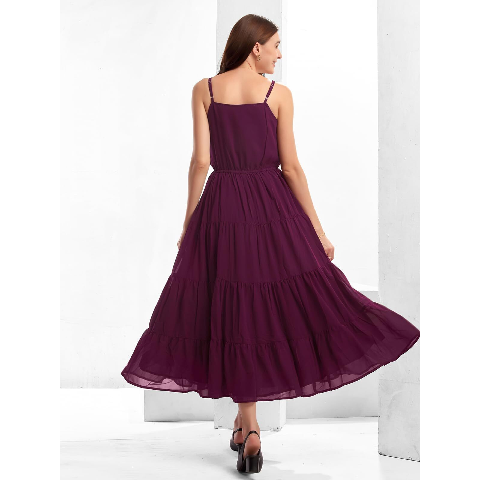 Selvia Western Dress For Women|Georgette Dress For Women|Fit & Flare Dress|Solid Dress For Women|One Piece Dress For Women (401Tk7266N-M_Deep Purple)