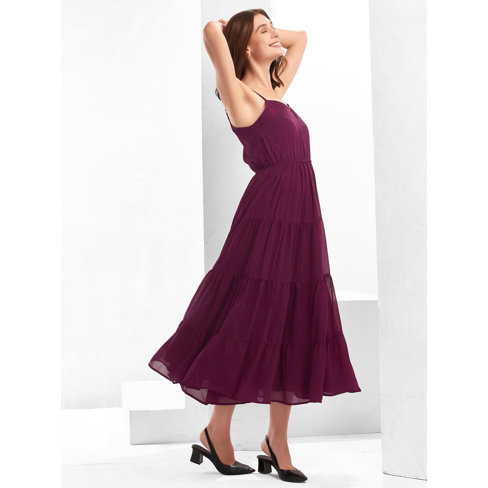 Selvia Western Dress For Women|Georgette Dress For Women|Fit & Flare Dress|Solid Dress For Women|One Piece Dress For Women (401Tk7266N-M_Deep Purple)