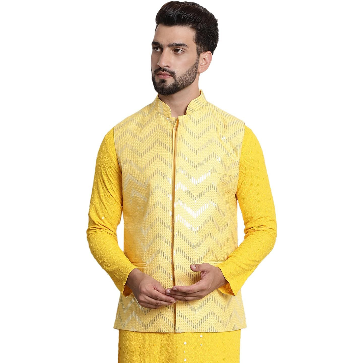 Sojanya (Since 1958 Men's Silk Blend, Gold Sequence Embroidered Yellow Color Nehru Jacket