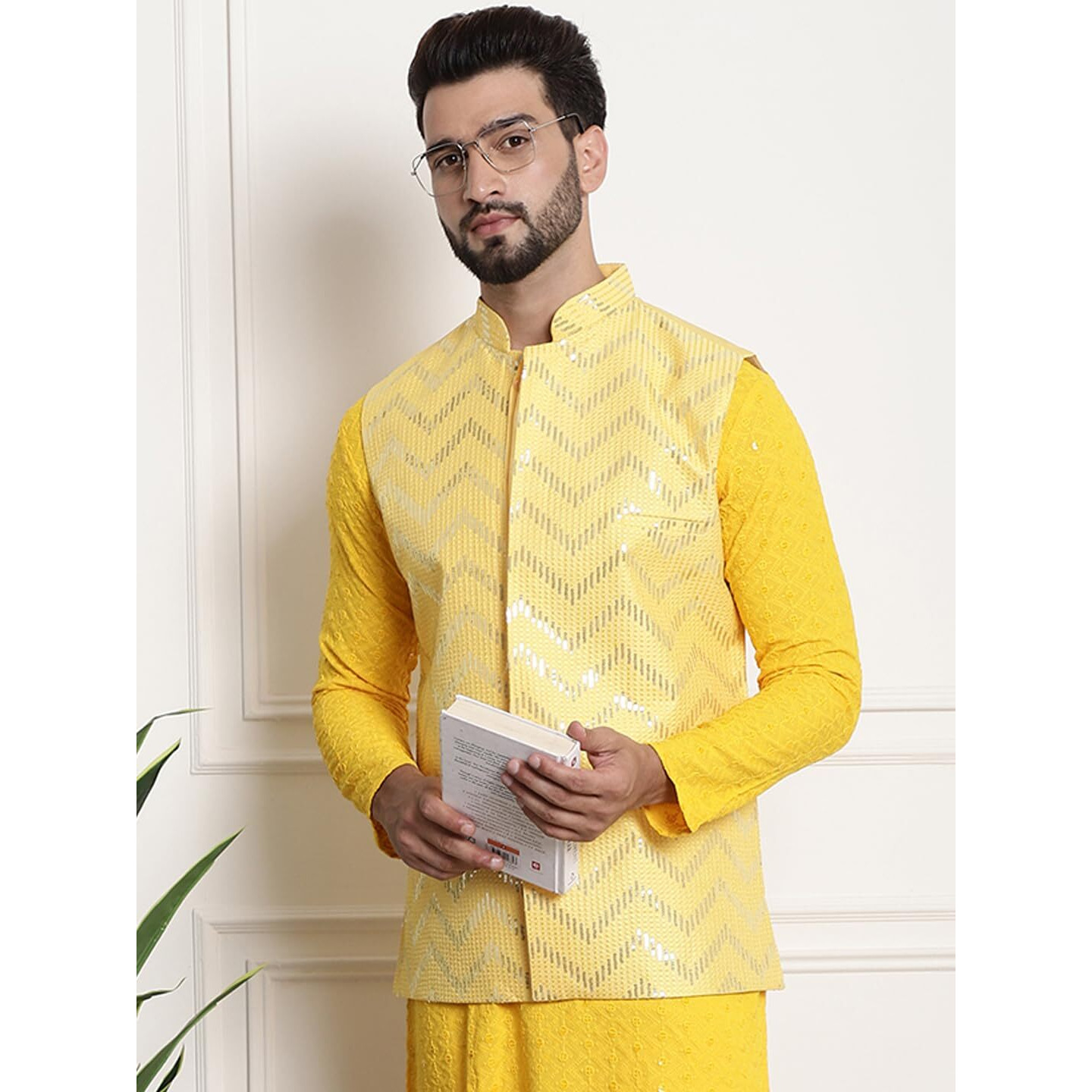 Sojanya (Since 1958 Men's Silk Blend, Gold Sequence Embroidered Yellow Color Nehru Jacket