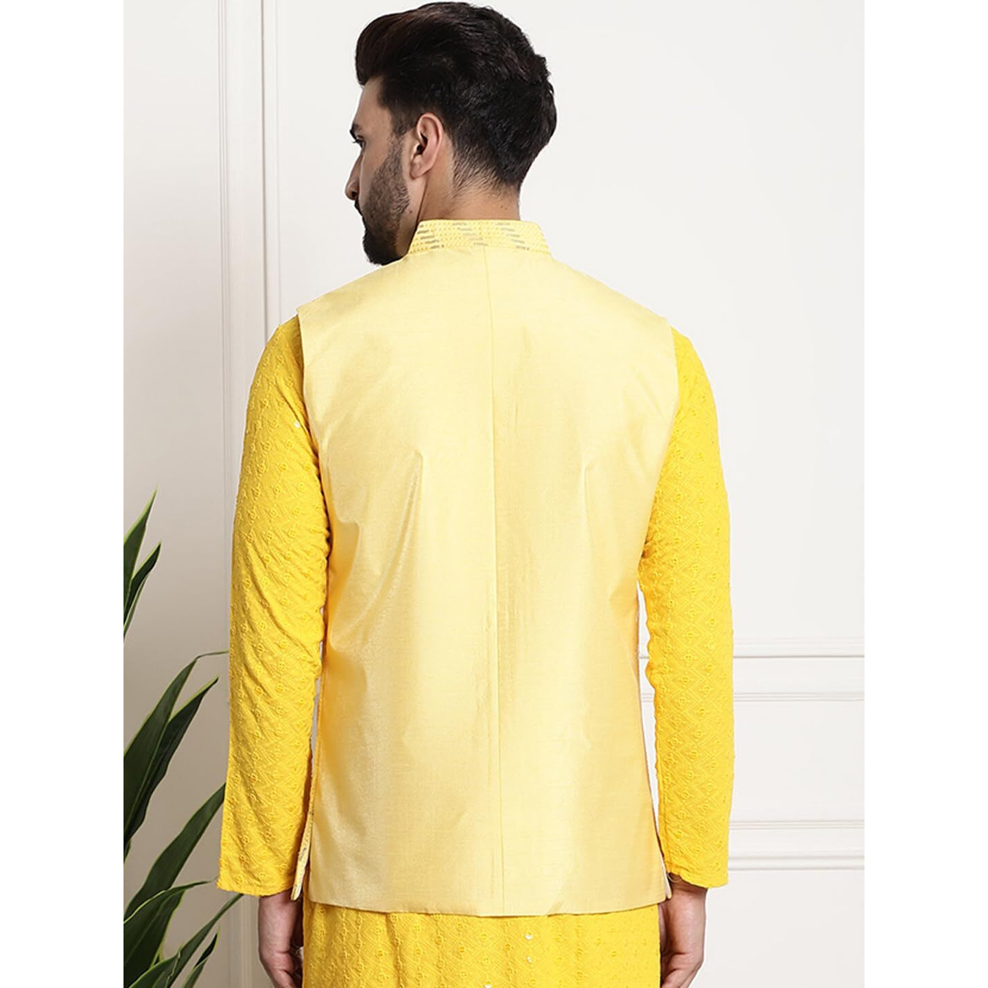Sojanya (Since 1958 Men's Silk Blend, Gold Sequence Embroidered Yellow Color Nehru Jacket