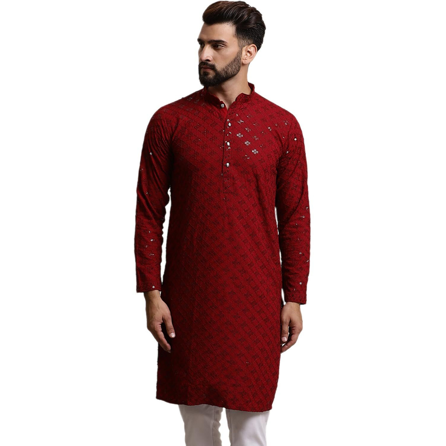 Sojanya (Since 1958 Men's Pure Cotton Maroon Sequence Only Long Kurta