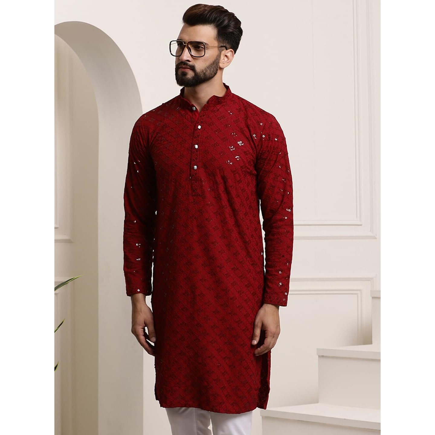 Sojanya (Since 1958 Men's Pure Cotton Maroon Sequence Only Long Kurta