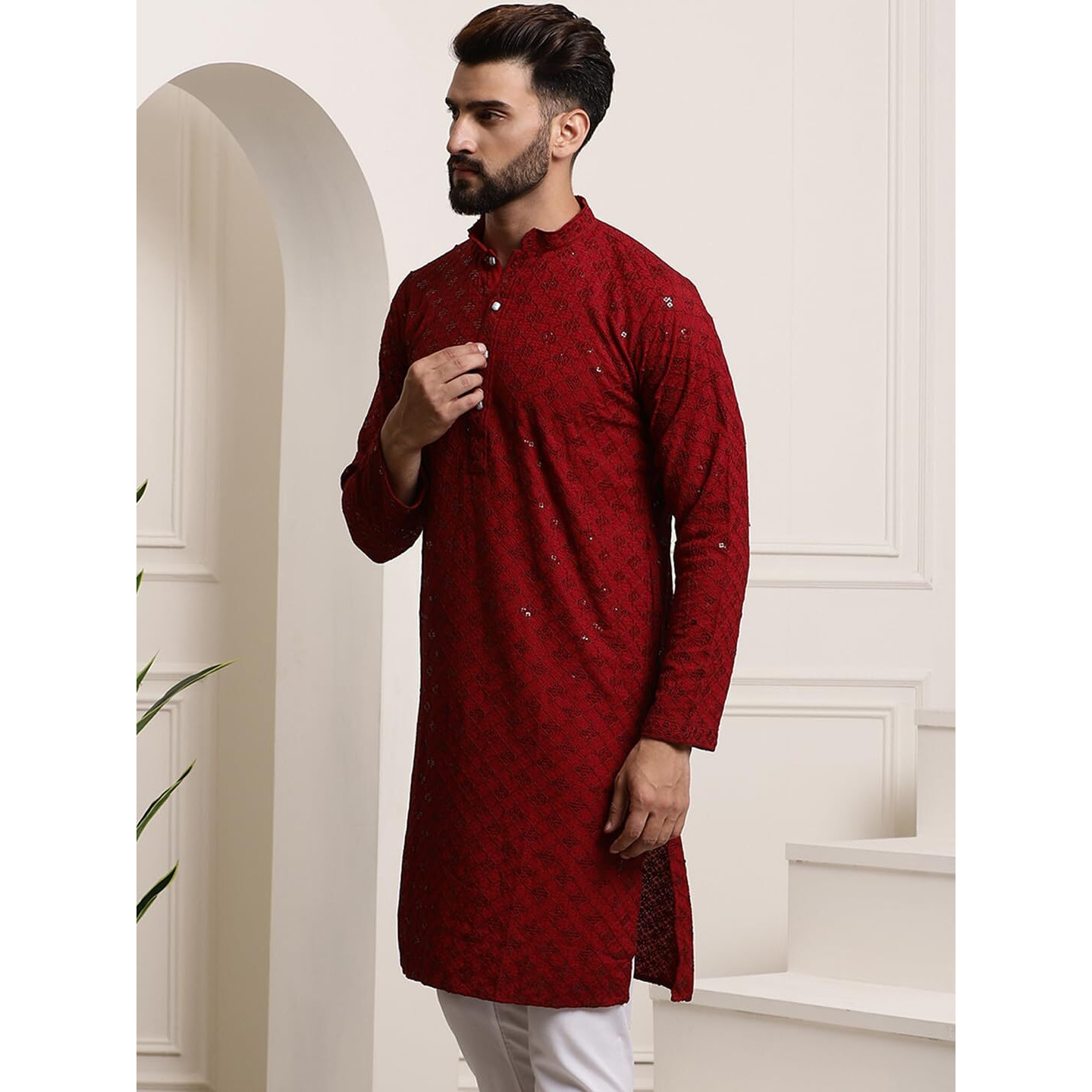Sojanya (Since 1958 Men's Pure Cotton Maroon Sequence Only Long Kurta
