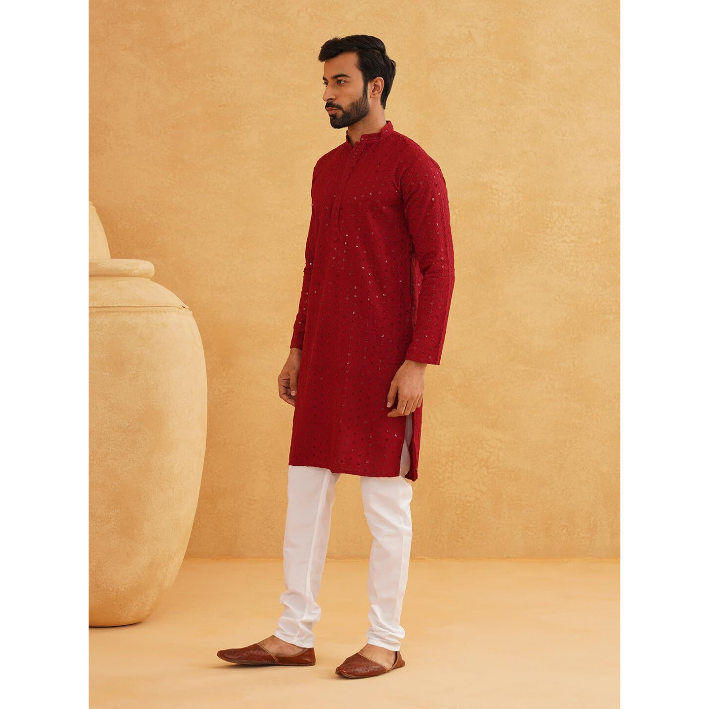 Sojanya (Since 1958 Men's Pure Cotton Maroon Embroidered Sequined Kurta And White Pyjama Set