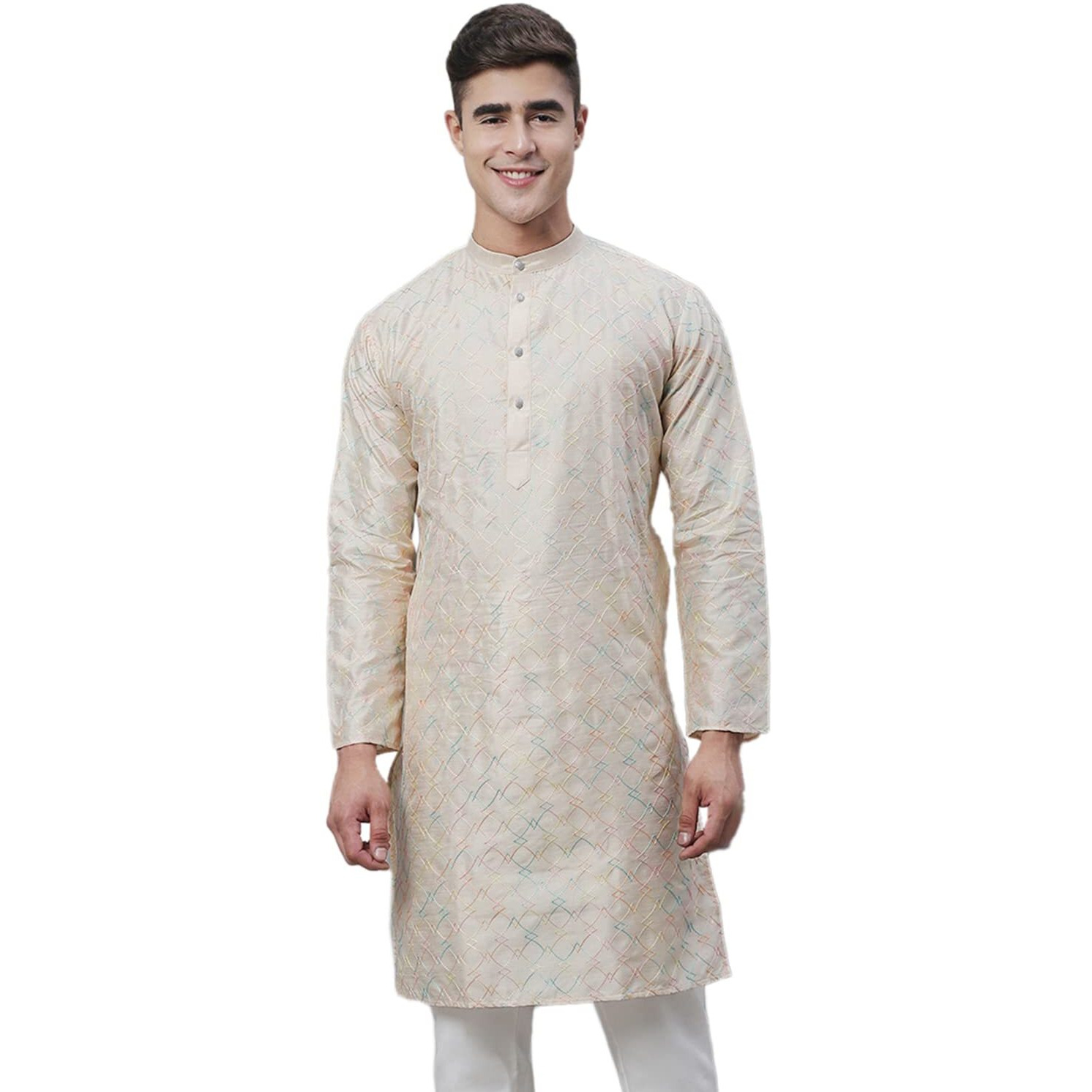 Sojanya (Since 1958 Men's Silk Blend Cream Kurta With Multi Color Embroidery