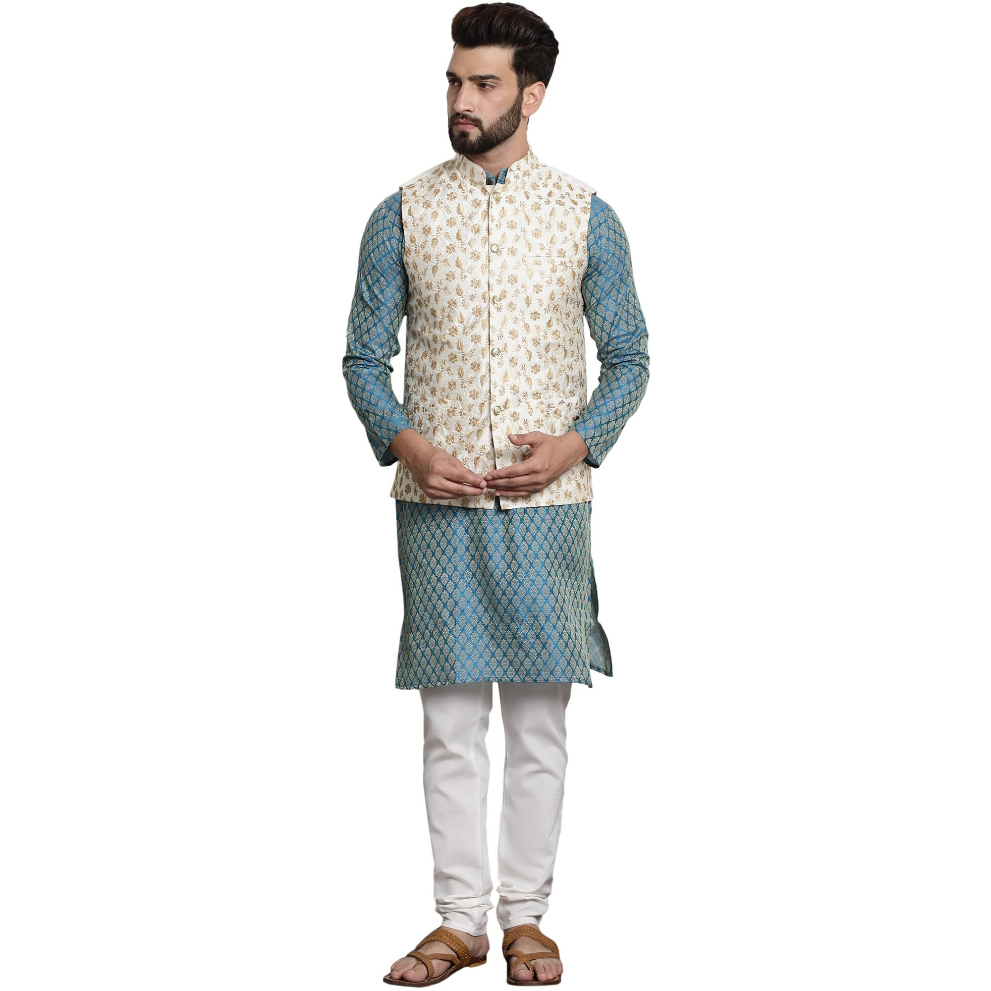 Sojanya (Since 1958 Men's Silk Blend Pblue Kurta & Cream Pyjama With Cream Embroidered Nehrujacket