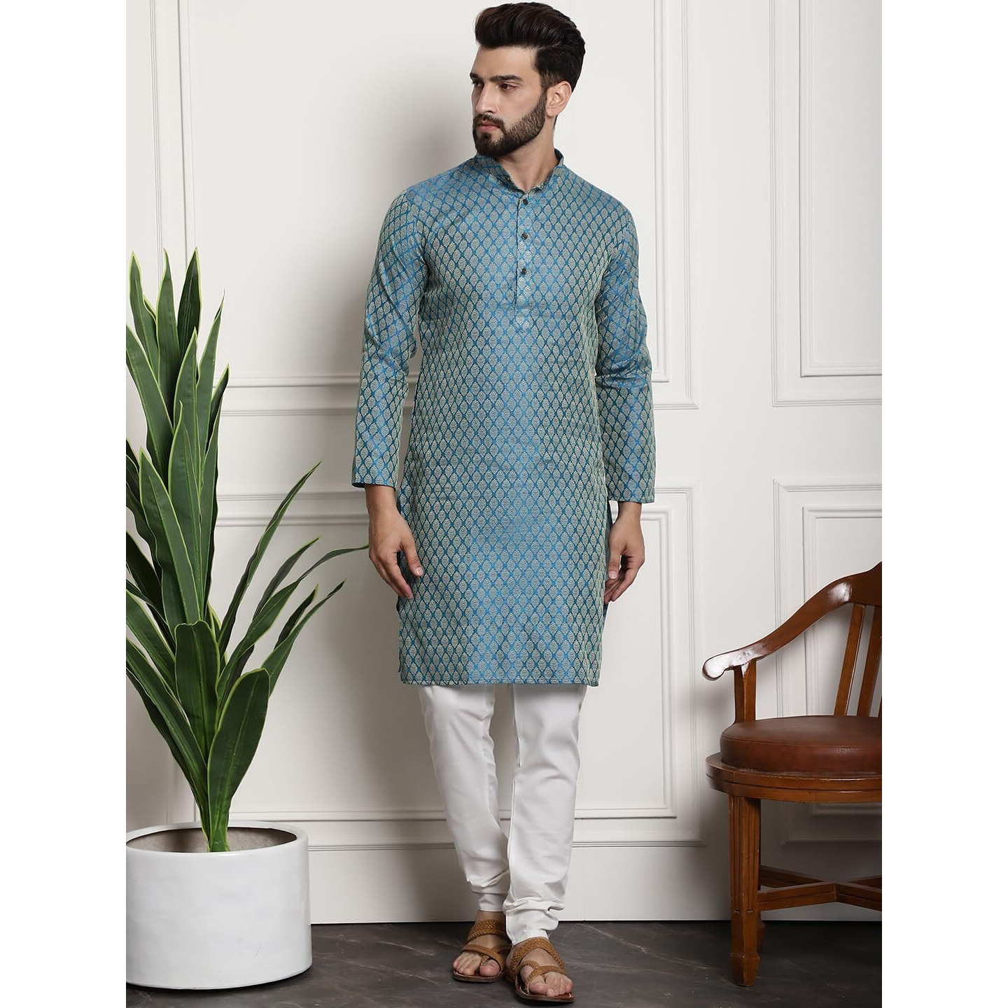 Sojanya (Since 1958 Men's Silk Blend Pblue Kurta & Cream Pyjama With Cream Embroidered Nehrujacket
