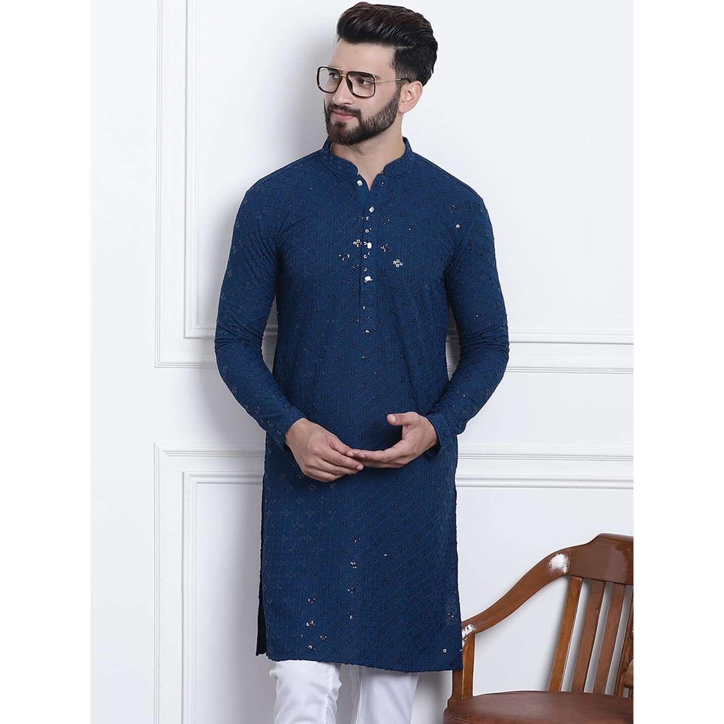 Sojanya (Since 1958 Men's Pure Cotton Teal Blue Sequence Only Long Kurta