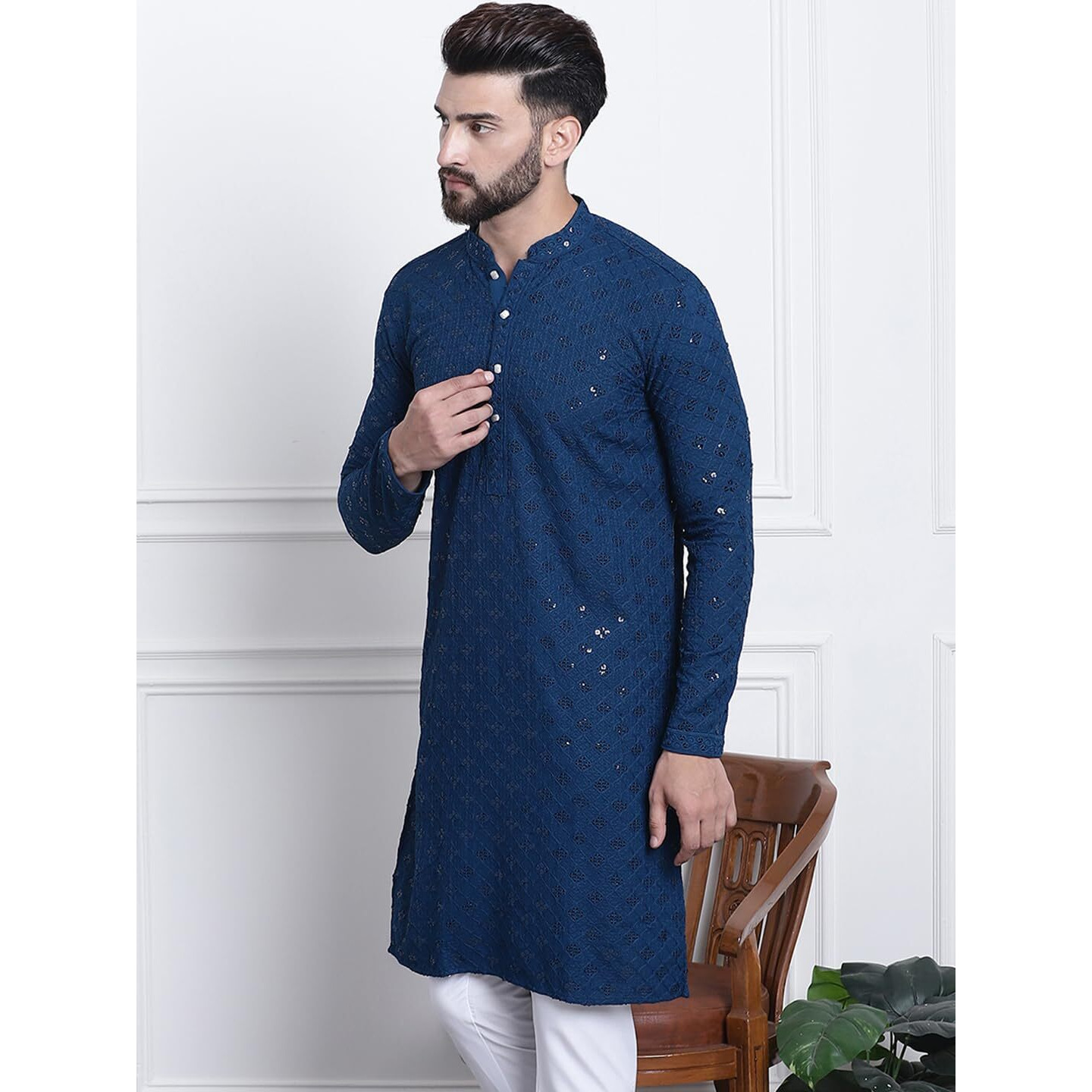 Sojanya (Since 1958 Men's Pure Cotton Teal Blue Sequence Only Long Kurta