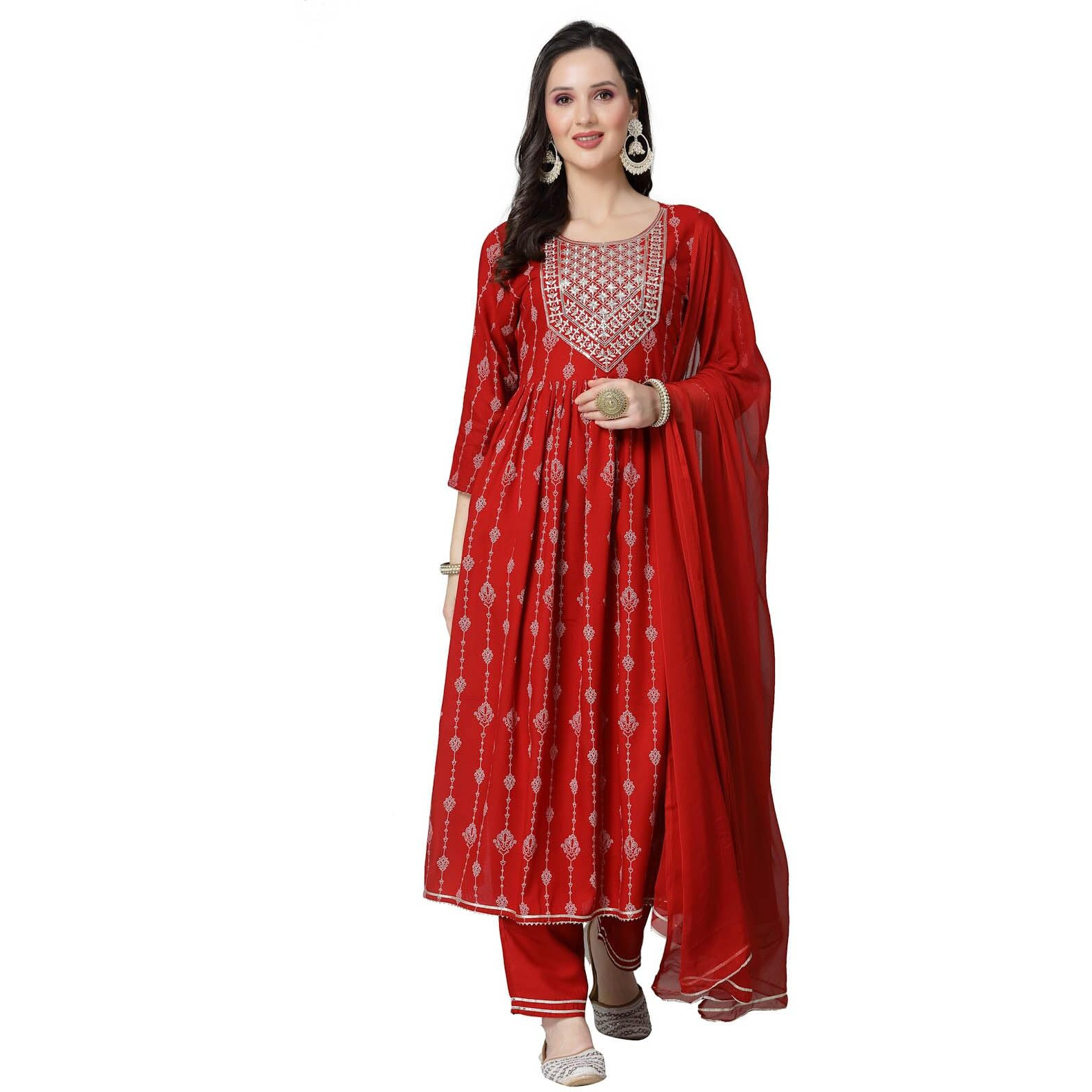 Stylum Women's Printed & Embroidered Naira Cut Kurta Pant Dupatta Set (Kpdgermanred38_Red, M)