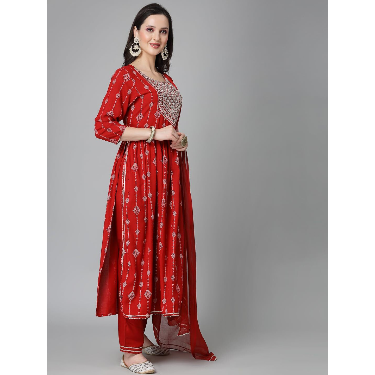 Stylum Women's Printed & Embroidered Naira Cut Kurta Pant Dupatta Set (Kpdgermanred38_Red, M)