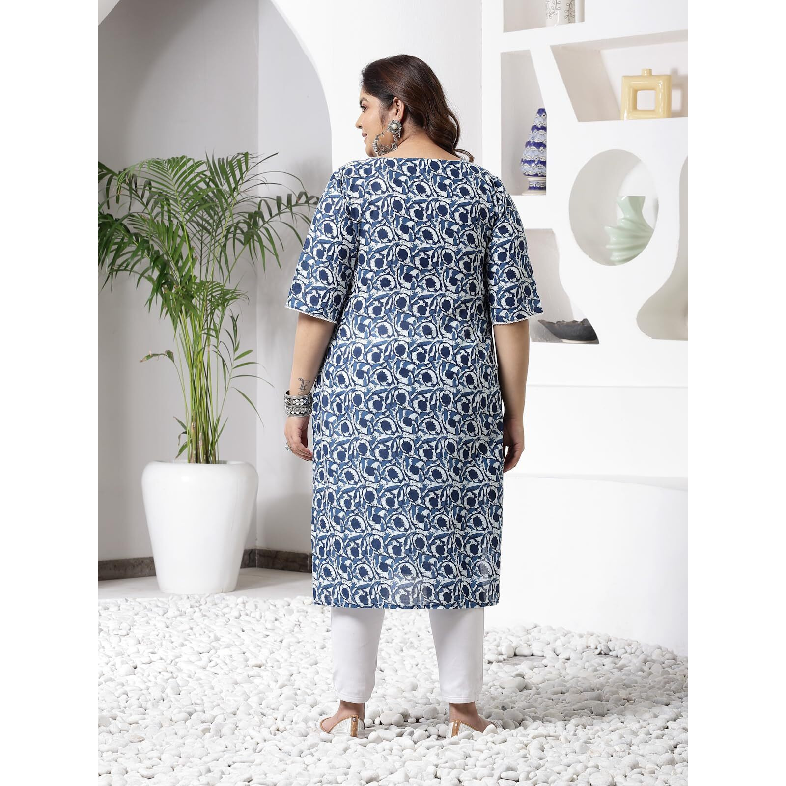 Stylum Plus Size Women Indigo Floral Printed Cotton Straight Kurta (Indigobirdplus48_Navy Blue, 4Xl)