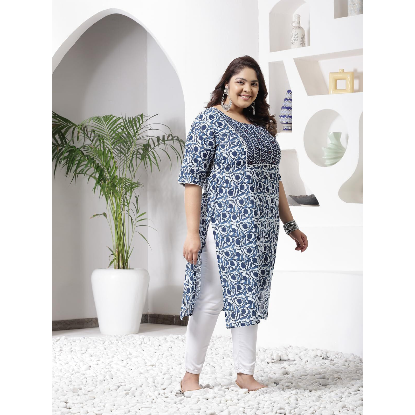 Stylum Plus Size Women Indigo Floral Printed Cotton Straight Kurta (Indigobirdplus48_Navy Blue, 4Xl)