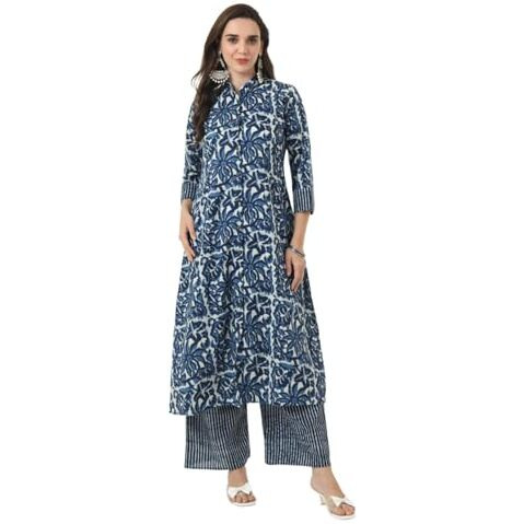 Tissu Women's Indigo Printed Pure Cotton Shirt Kurta & Palazzo (Tis-717_Dark Blue_Xl)