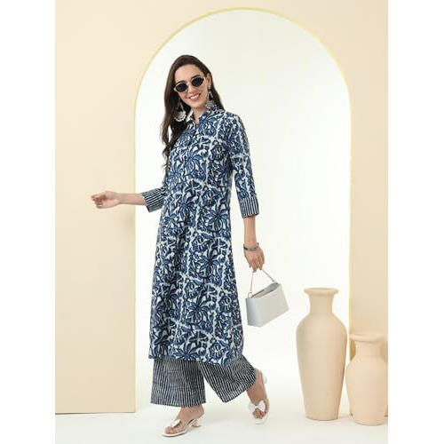 Tissu Women's Indigo Printed Pure Cotton Shirt Kurta & Palazzo (Tis-717_Dark Blue_Xl)