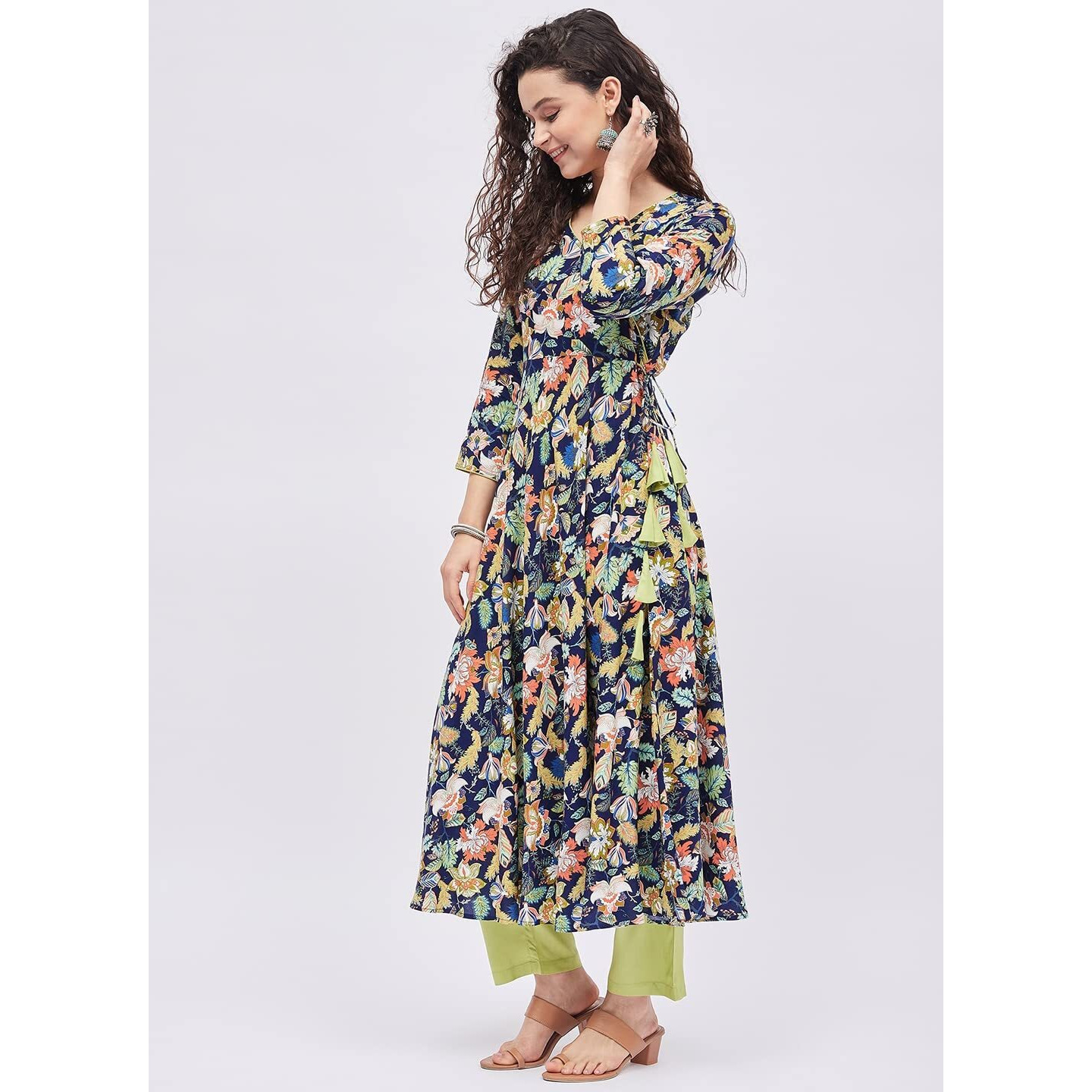 Tissu Women's Rayon Blue & Green Floral Printed Angrakha Kurta 2213_Multi_Xl