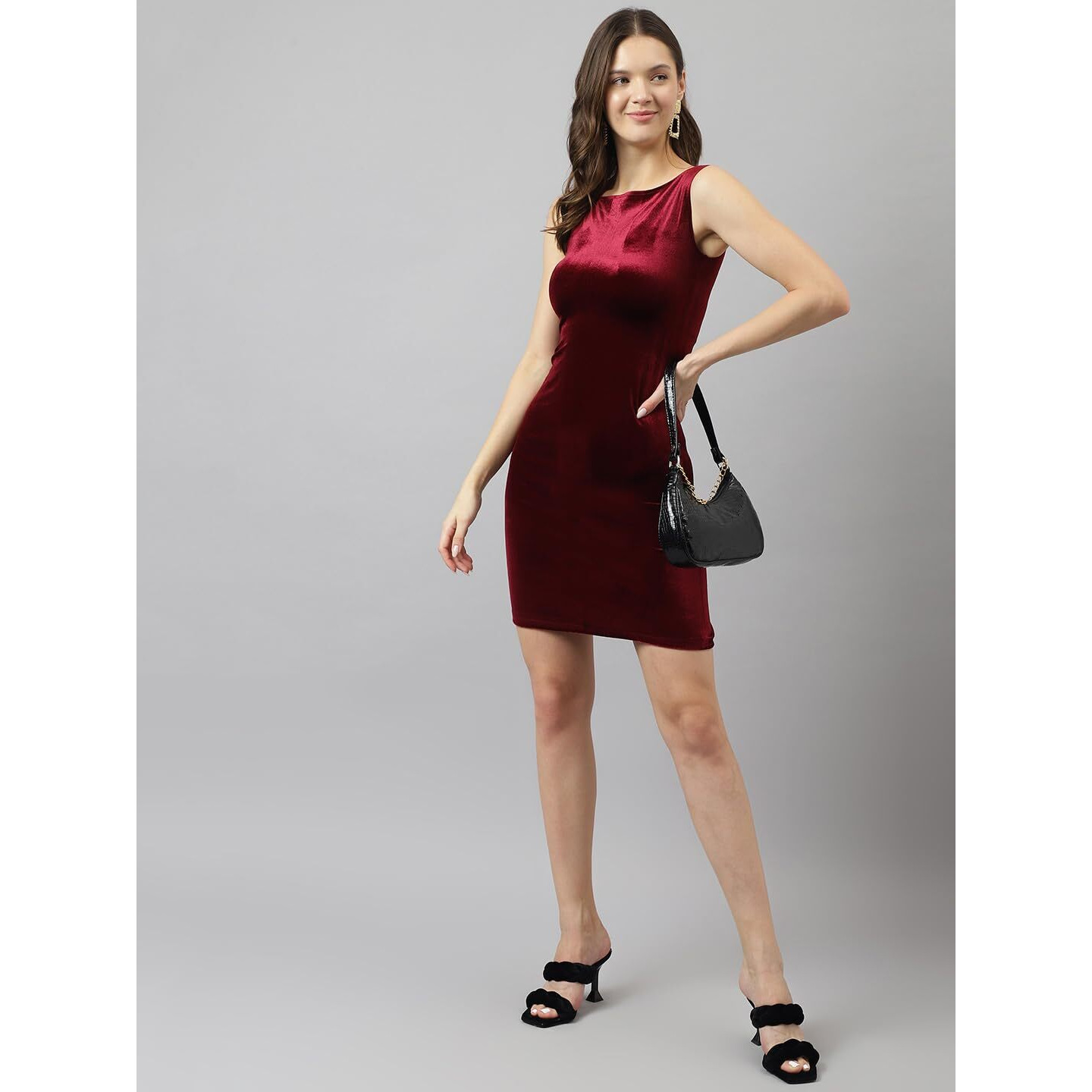Toochki Women's Velvet Sheath Midi Western Dress (Toochki162-Dr_Maroon
