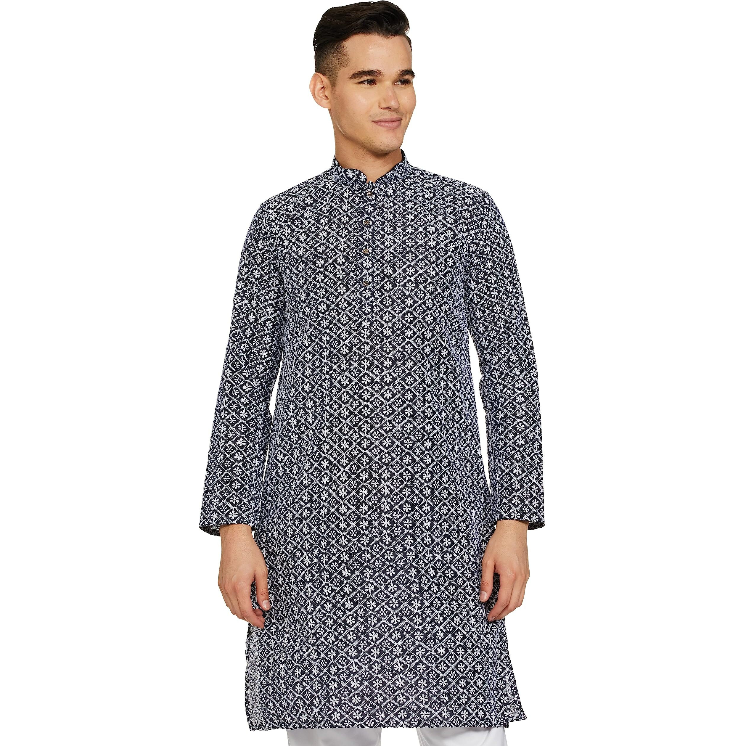 Be Active Men's Traditional Embroidered Lucknowi Full Sleeves Kurta || Cotton Kurta For Men || Men Kurta For Wedding || Kurta For Men (Rfsk0013-Kr 12 L) Navy