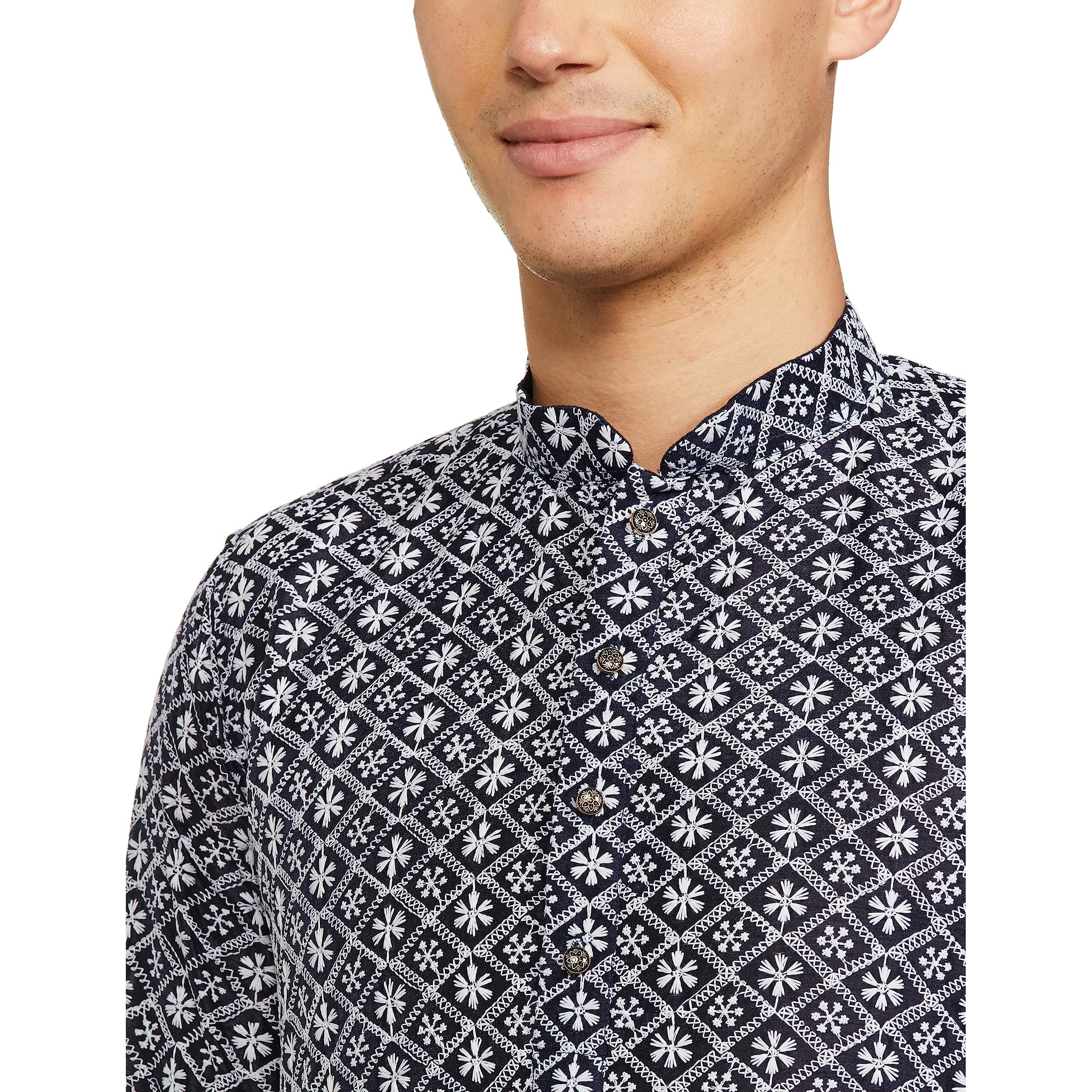 Be Active Men's Traditional Embroidered Lucknowi Full Sleeves Kurta || Cotton Kurta For Men || Men Kurta For Wedding || Kurta For Men (Rfsk0013-Kr 12 L) Navy
